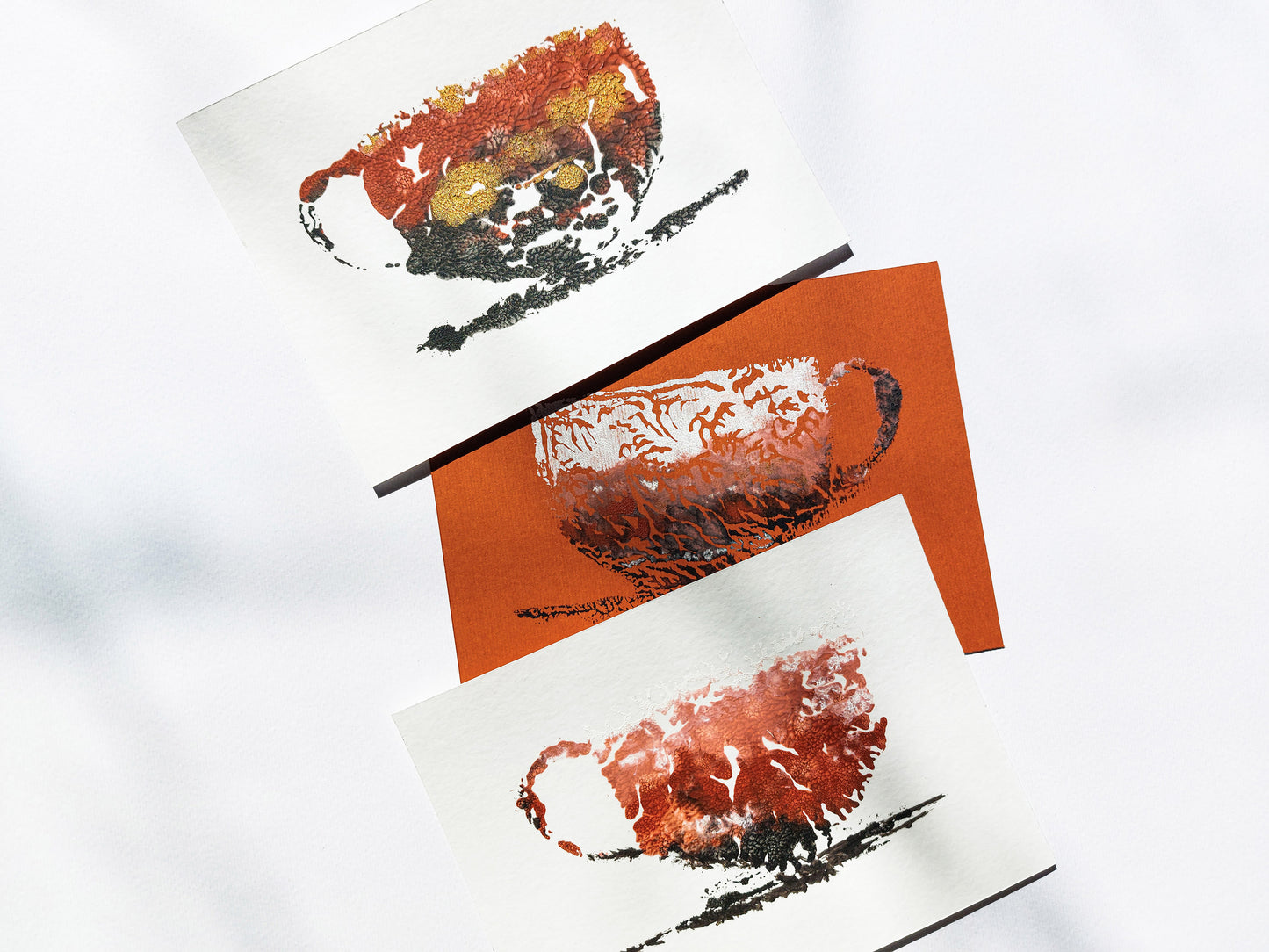 Gallery wall set of 3 mini relief Abstract coffee Monotype print for New home gift UNFRAMED for modern kitchen, or dining room original artwork