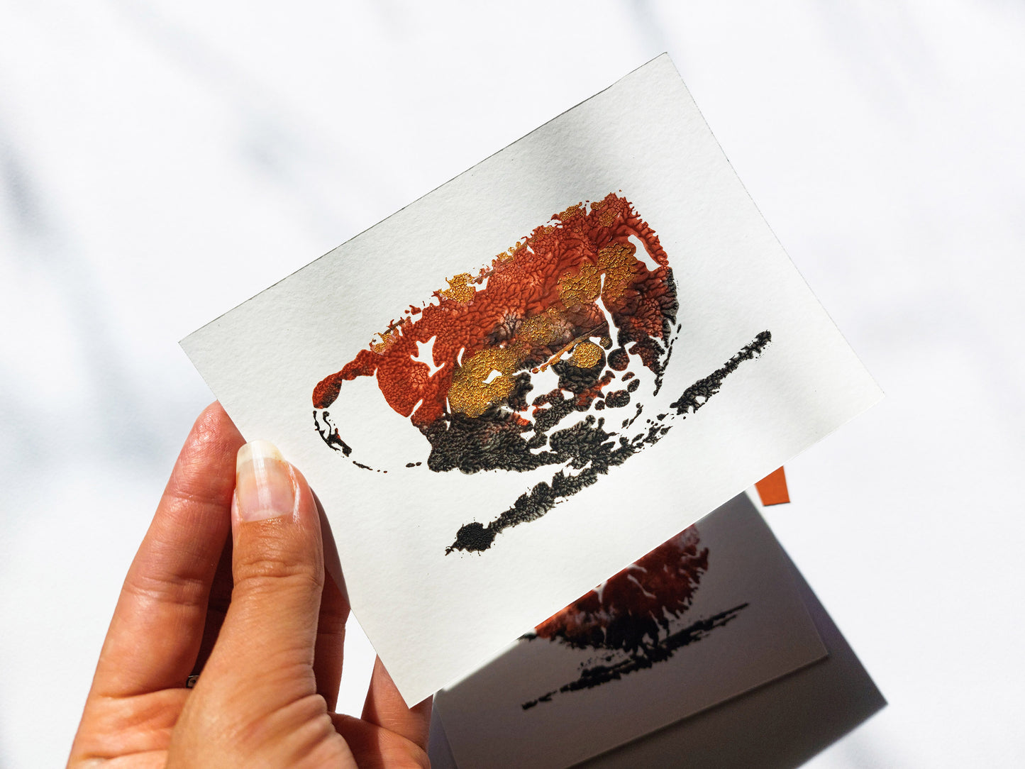Details Gallery wall set of 3 mini relief Abstract coffee Monotype print / printmaking