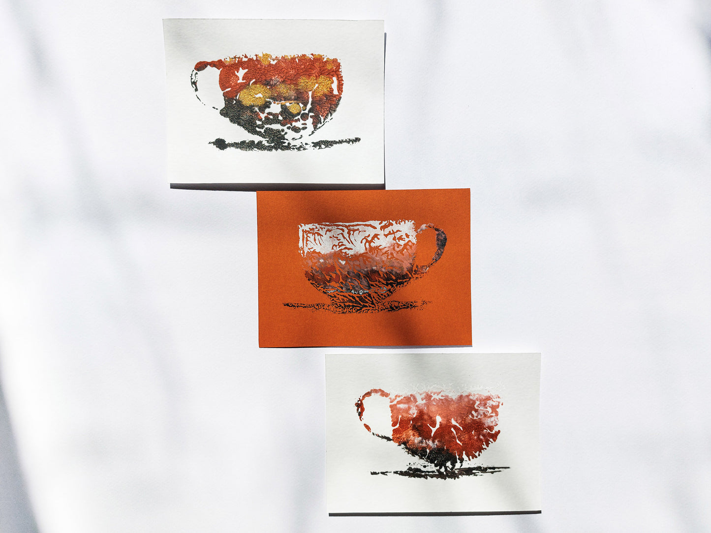 Gallery wall set of 3 mini relief Abstract coffee Monotype print for New home gift UNFRAMED for modern kitchen, or dining room original artwork