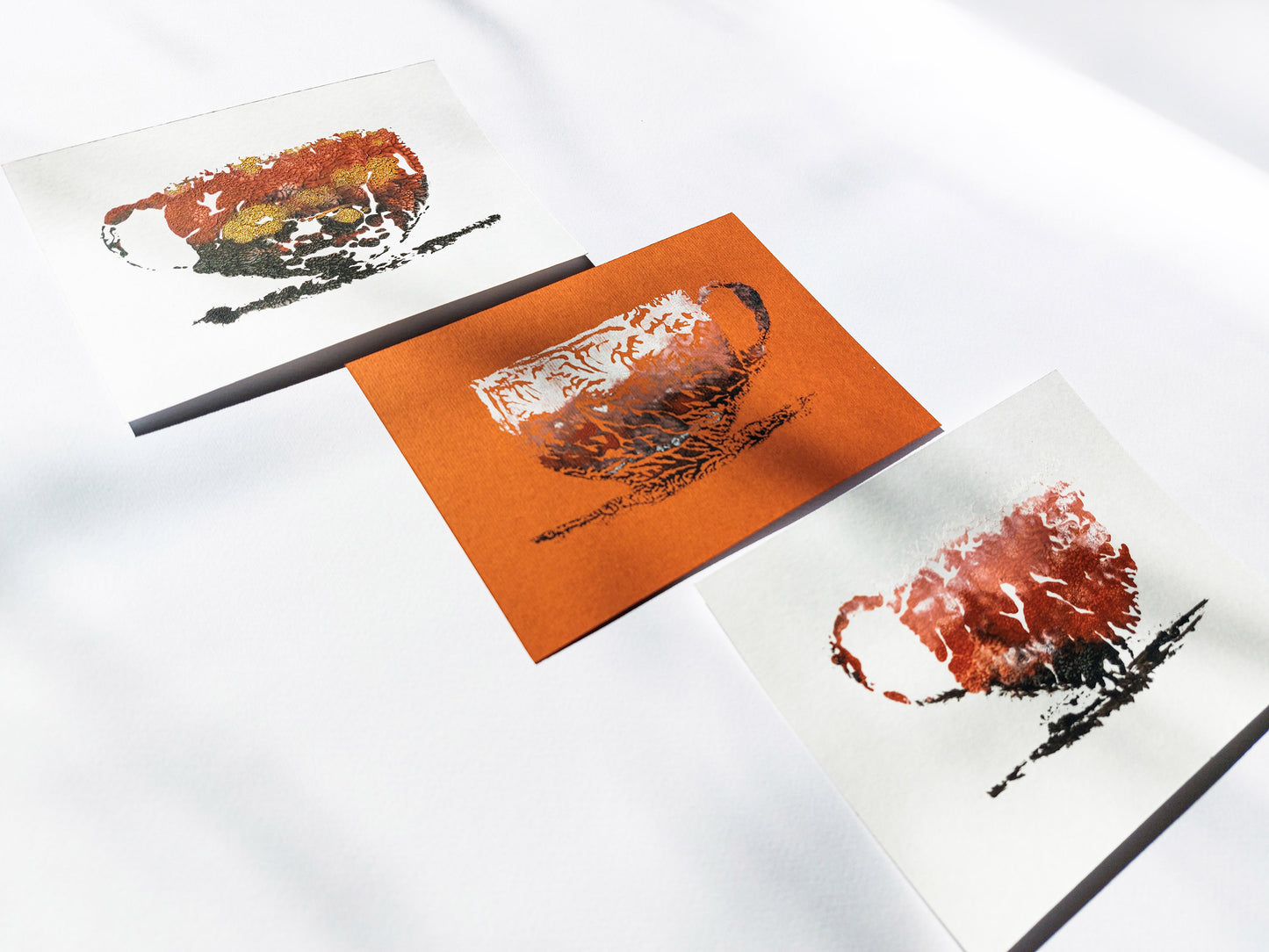 Gallery wall set of 3 mini relief Abstract coffee Monotype print for New home gift UNFRAMED for modern kitchen, or dining room original artwork