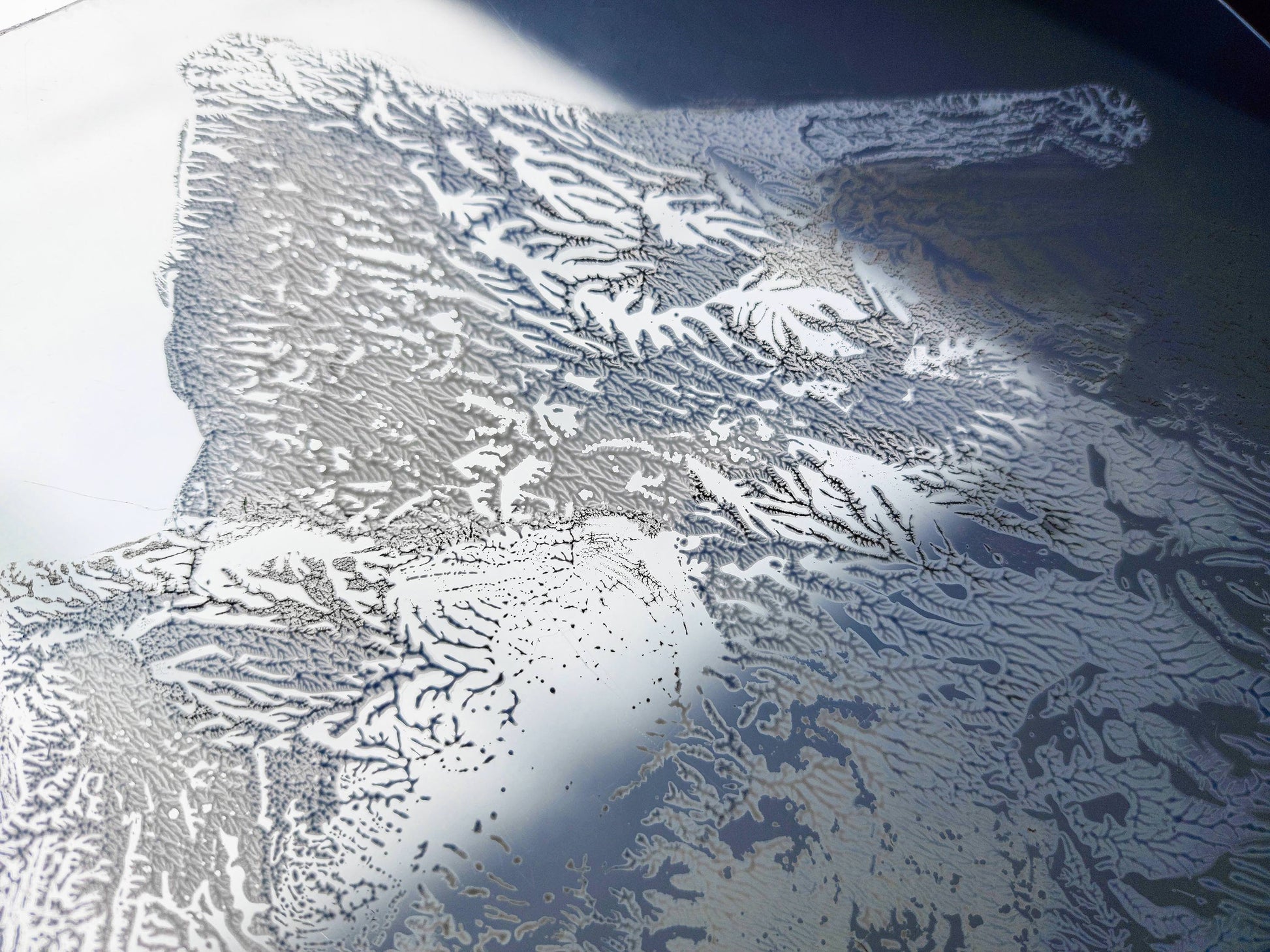 Details relief acrylic print Plexiglass silver, black and blue abstract mountains and moon Monotype print / printmaking