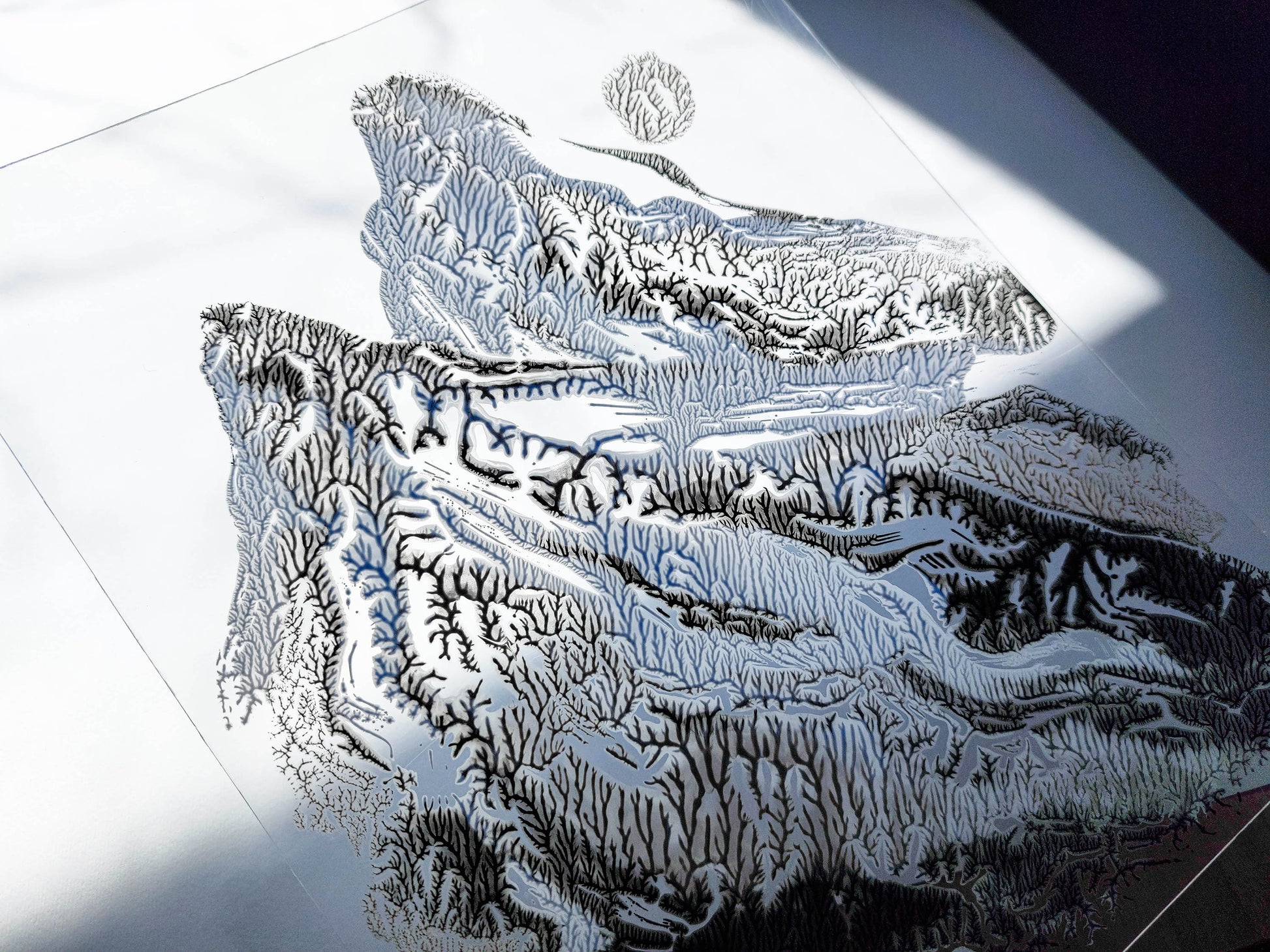 Black silver and blue Abstract mountains Monotype print on Plexiglass Holiday winter wall art Modern original painting artwork UNFRAMED, simple artwork, Monoprint art, Relief print, nature lover gift, Printmaking art, handmade print, Black silver white, Holiday winter wall art decoration for living room or bedroom wall decor