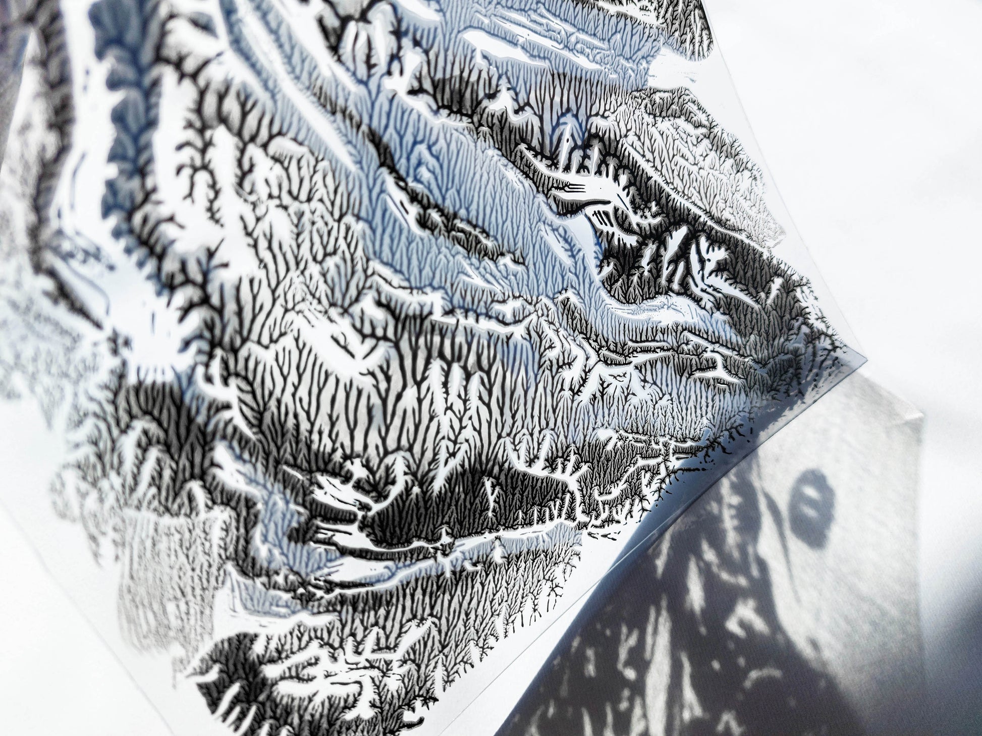 Details relief acrylic print Plexiglass silver, black and blue abstract mountains and moon Monotype print / printmaking