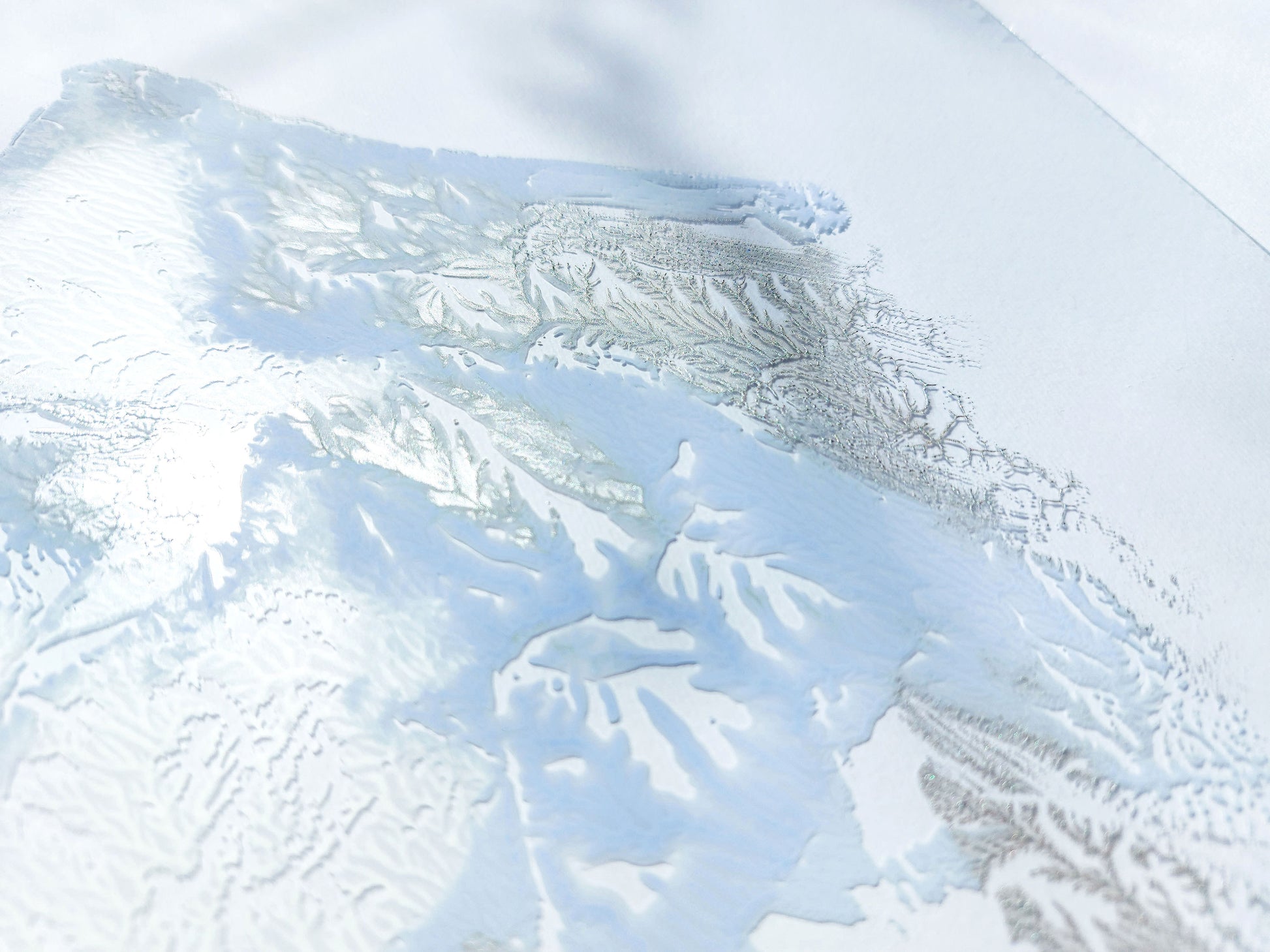 Details relief silver and blue Plexiglass abstract mountains silver and blue Monotype print / printmaking