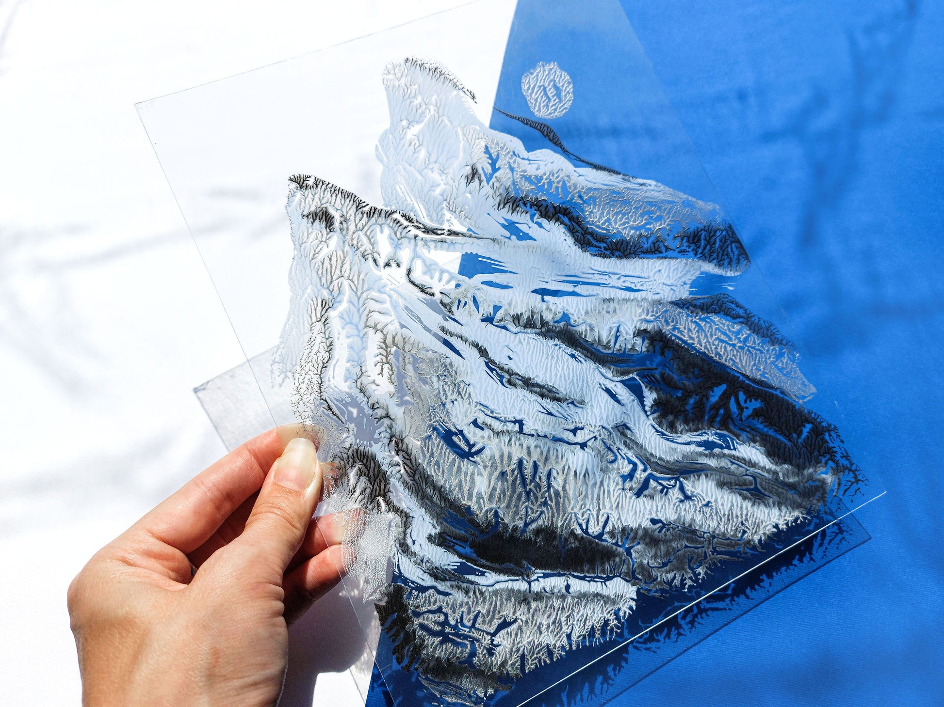 №2 Plexiglass silver, black and blue abstract mountains and moon Monotype print for Nature lover gift UNFRAMED for living room, or bedroom original artwork