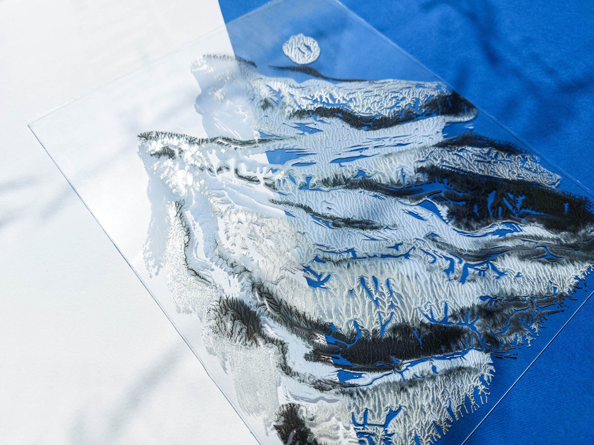 №2 Plexiglass silver, black and blue abstract mountains and moon Monotype print for Nature lover gift UNFRAMED for living room, or bedroom original artwork