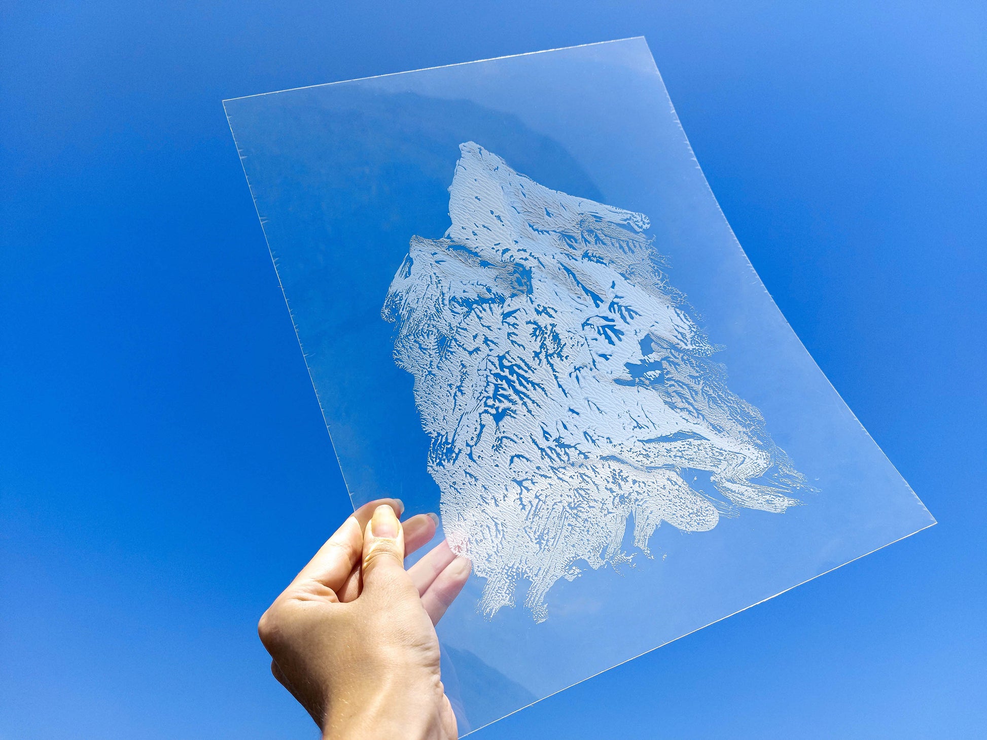 Plexiglass abstract mountains silver and blue Monotype print for Nature lover gift UNFRAMED for living room, or bedroom original artwork