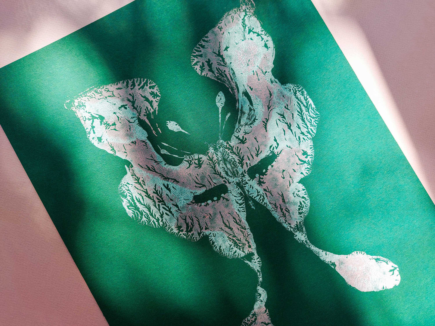 №1 - Emerald green Pink and white abstract moth Monotype print for Nature lover gift UNFRAMED butterfly wall decor modern Living room or bedroom decor Original artwork