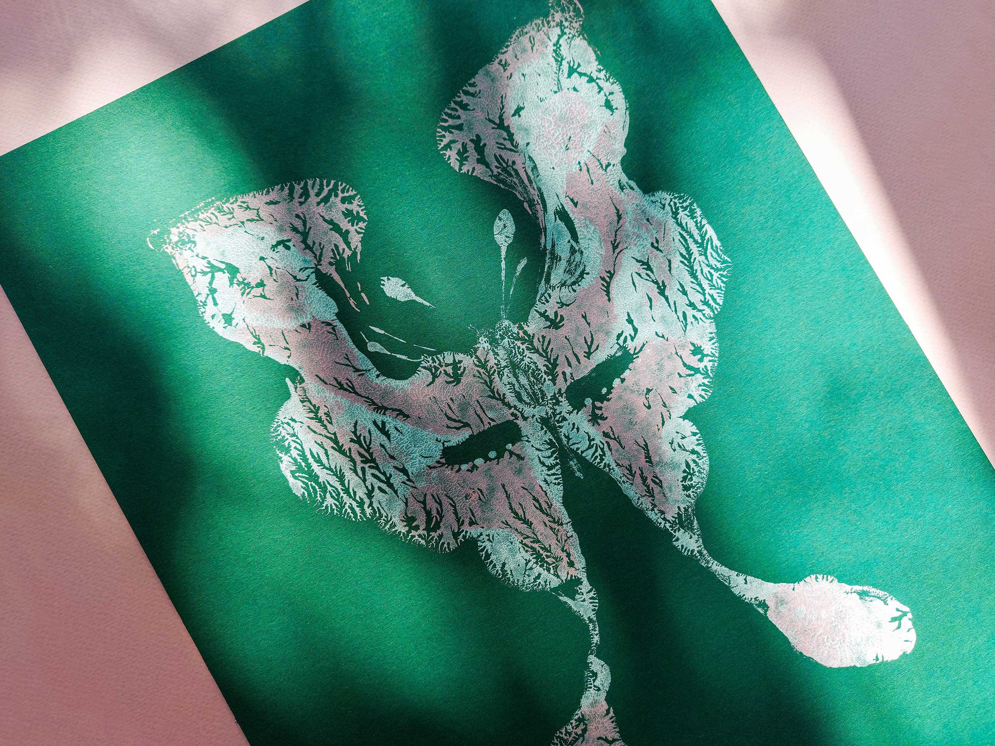 №1 - Emerald green Pink and white abstract moth Monotype print for Nature lover gift UNFRAMED butterfly wall decor modern Living room or bedroom decor Original artwork
