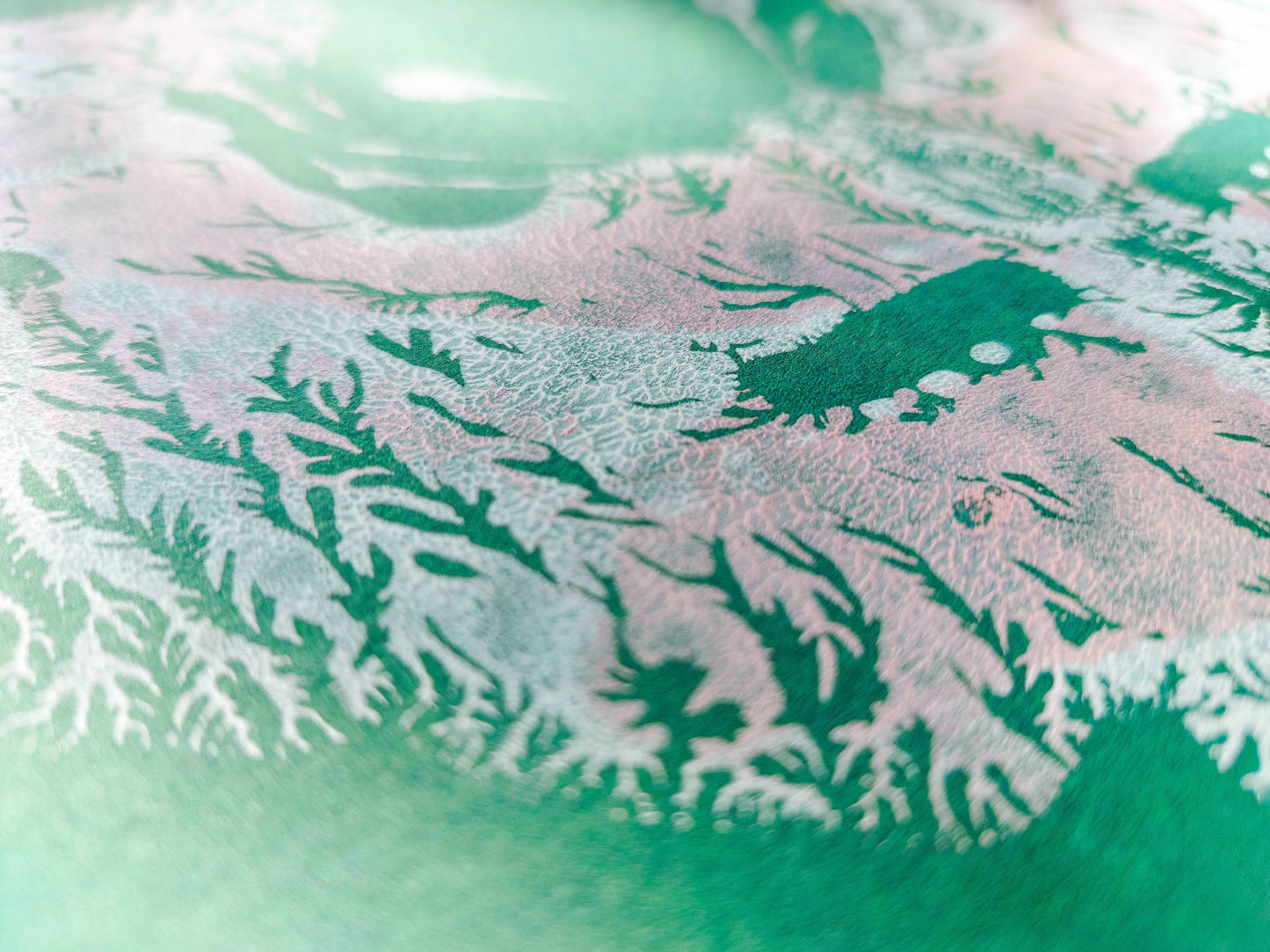 Details relief Emerald green Pink and white abstract moth Monotype print /printmaking / original artwork