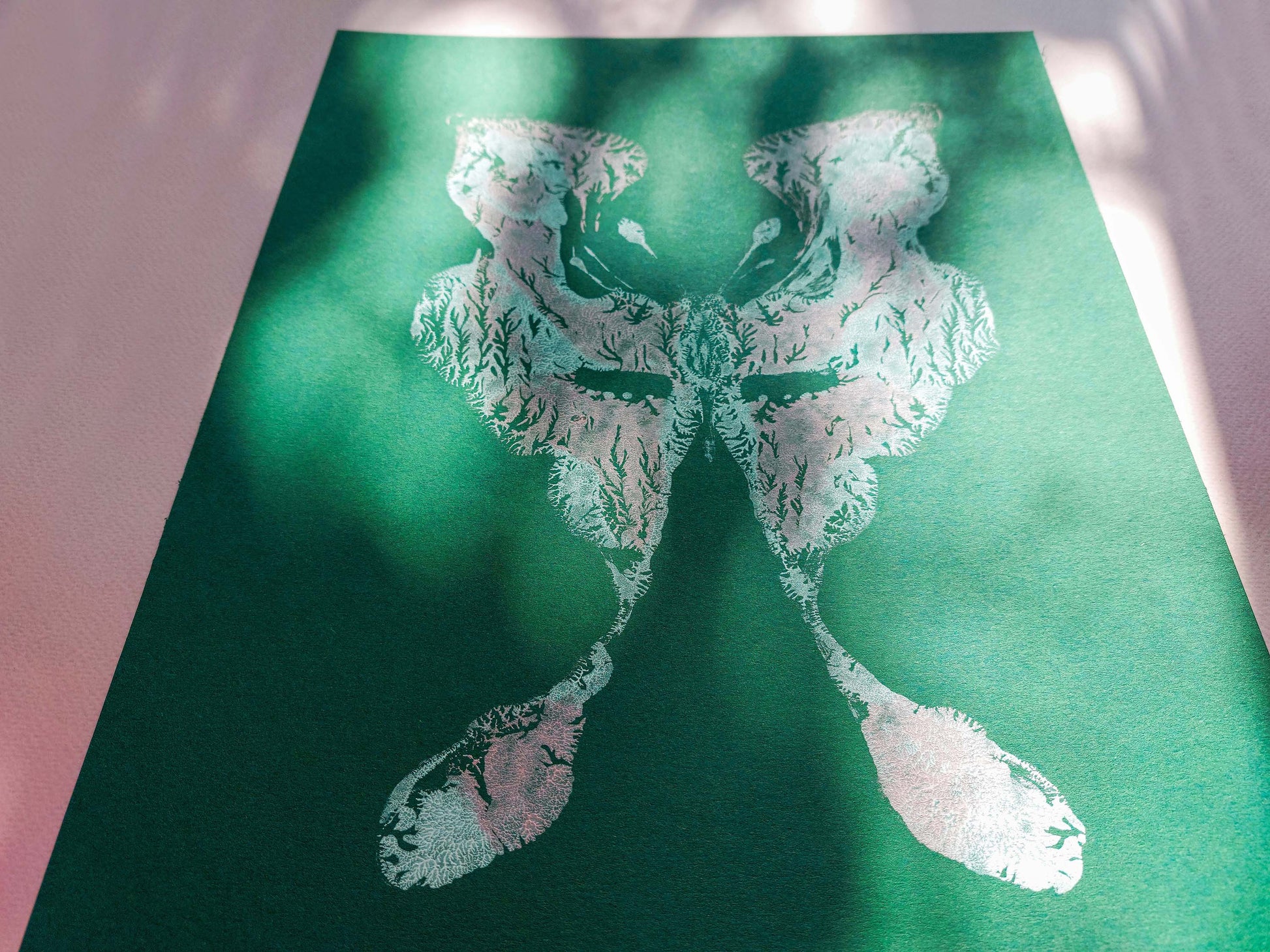 №1 - Emerald green Pink and white abstract moth Monotype print for Nature lover gift UNFRAMED butterfly wall decor modern Living room or bedroom decor Original artwork