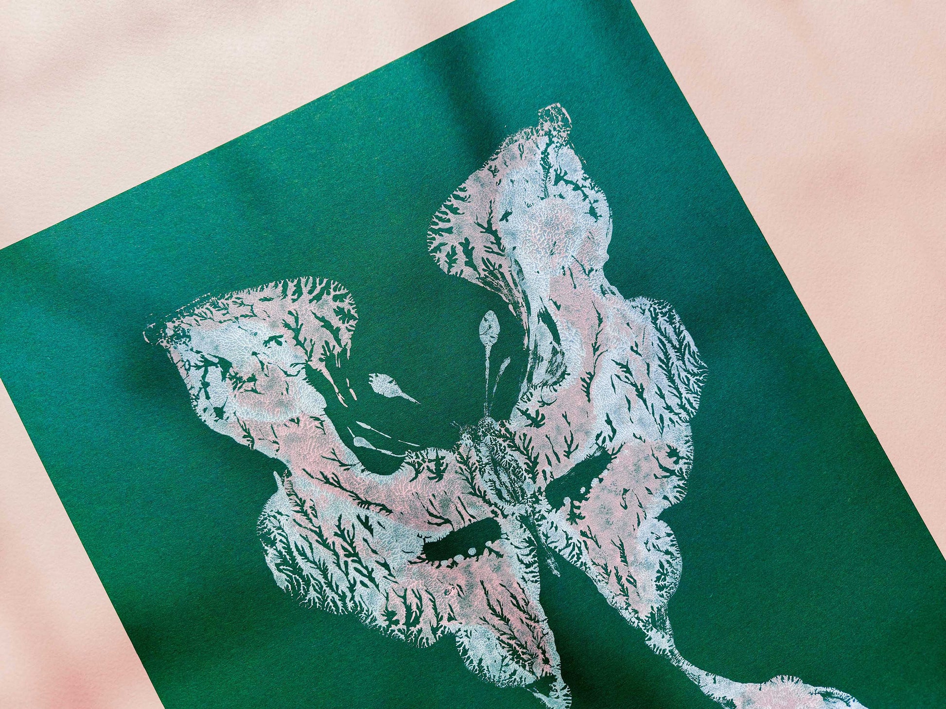 №1 - Emerald green Pink and white abstract moth Monotype print for Nature lover gift UNFRAMED butterfly wall decor modern Living room or bedroom decor Original artwork