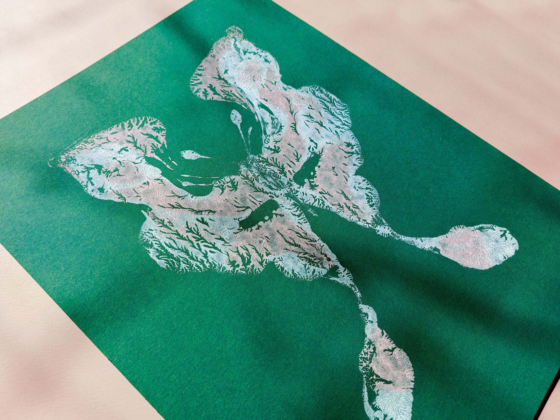 Details relief Emerald green Pink and white abstract moth Monotype print /printmaking / original artwork