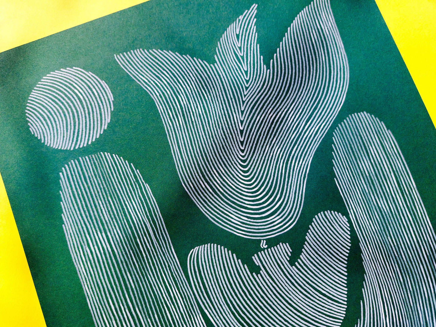 Emerald green Abstract flower line shapes artwork for Nature lover gift UNFRAMED for living room, or bedroom original artwork