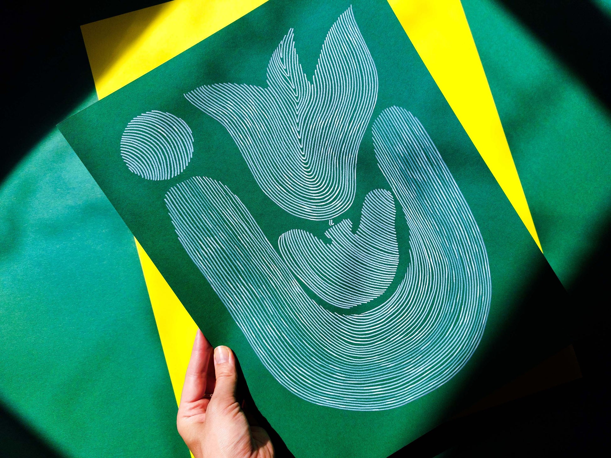 Emerald green Abstract flower line shapes artwork for Nature lover gift UNFRAMED for living room, or bedroom original artwork