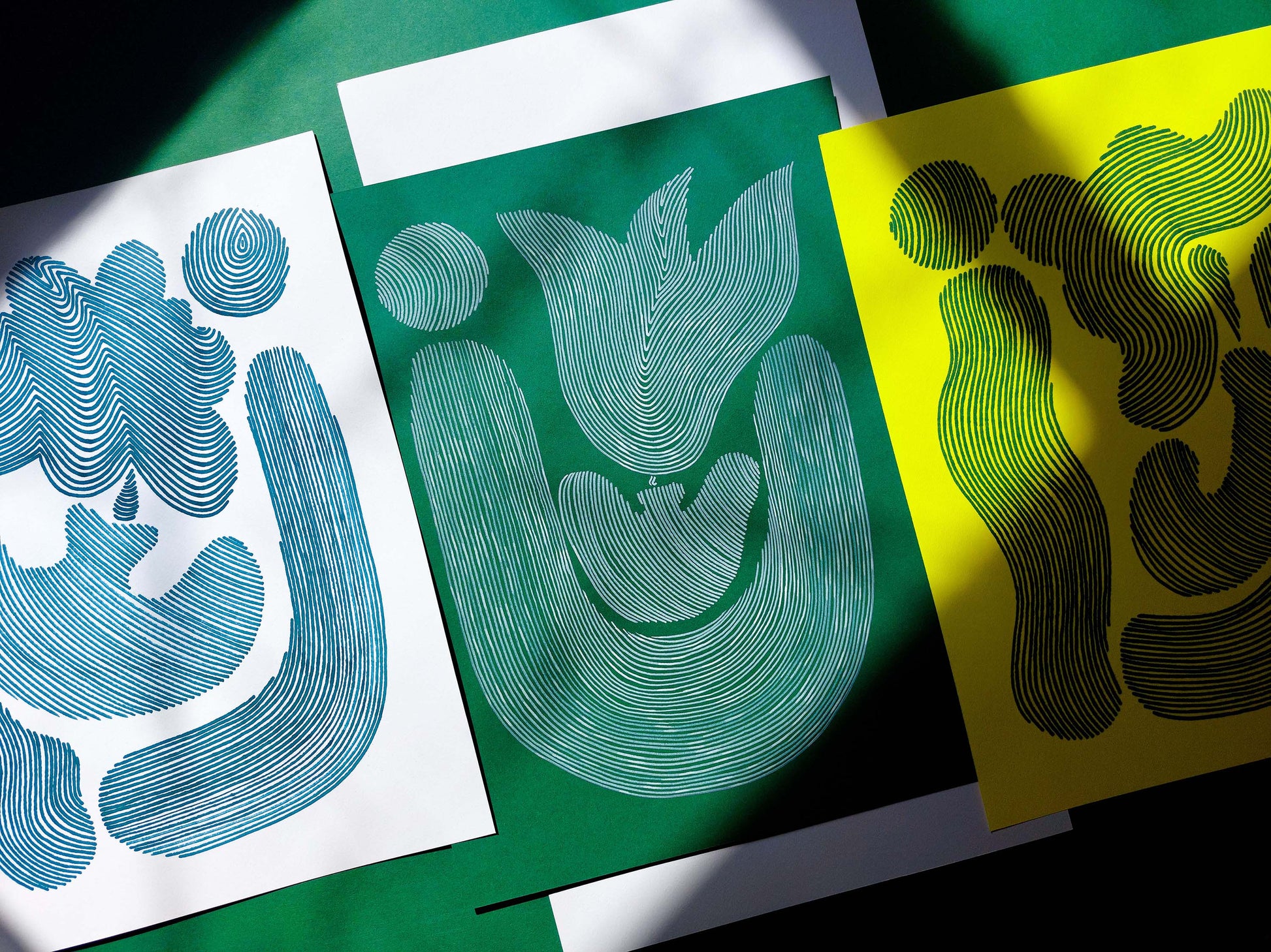 Emerald green Abstract flower line shapes artwork for Nature lover gift UNFRAMED for living room, or bedroom original artwork