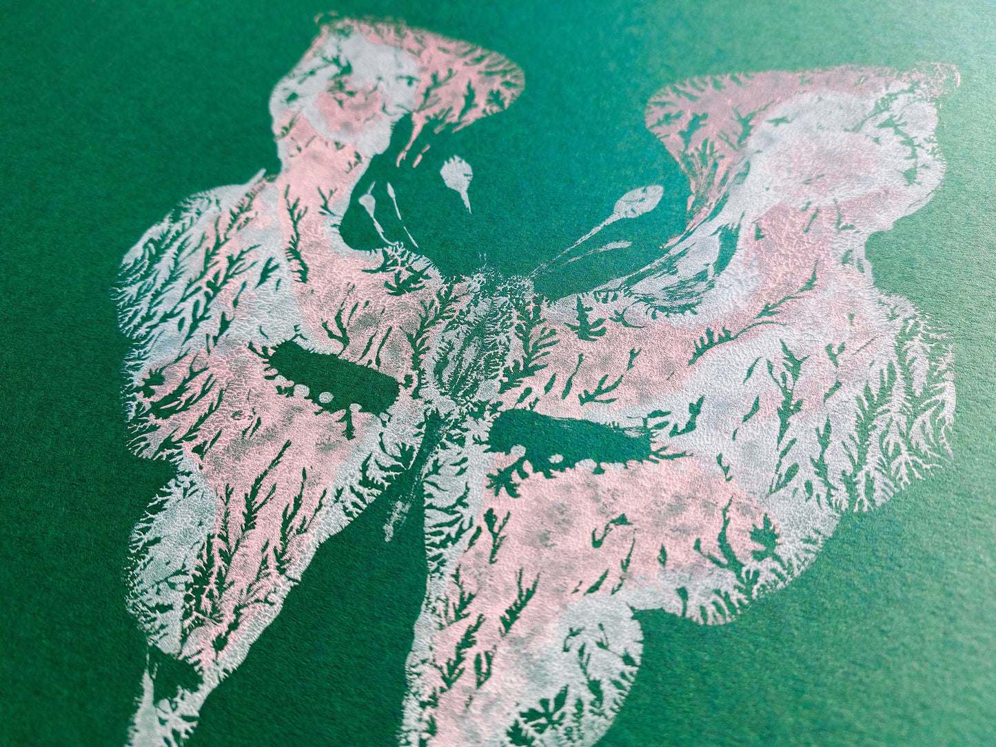 Details relief Emerald green Pink and white abstract moth Monotype print /printmaking