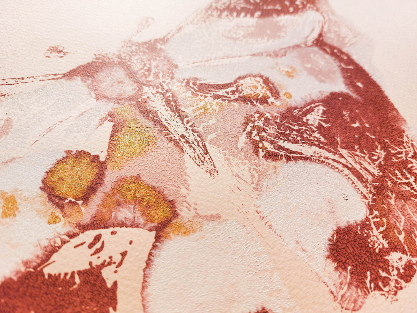 Details relief Pink and terracotta abstract butterfly Monotype print / printmaking