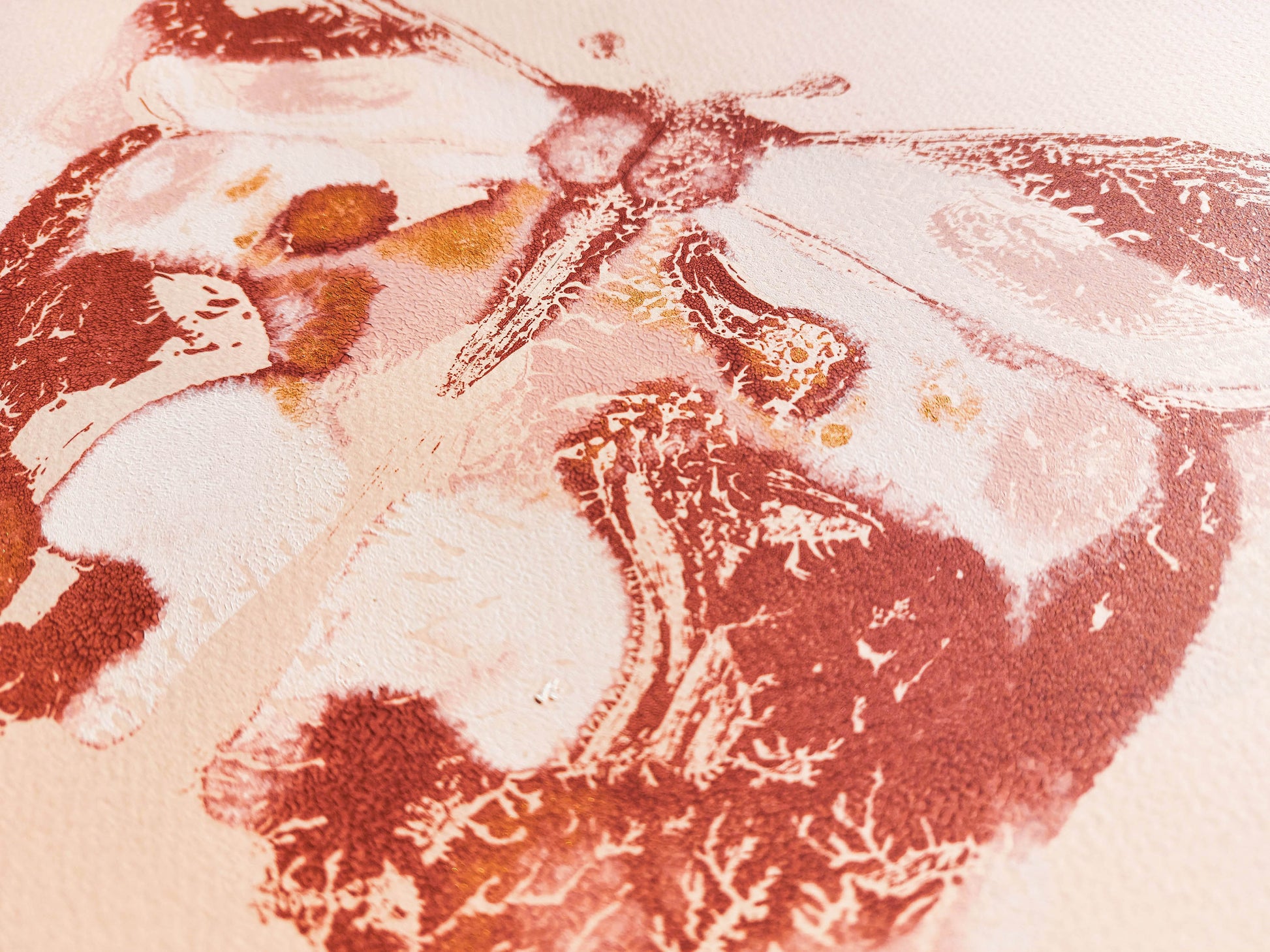 Details relief Pink and terracotta abstract butterfly Monotype print / printmaking