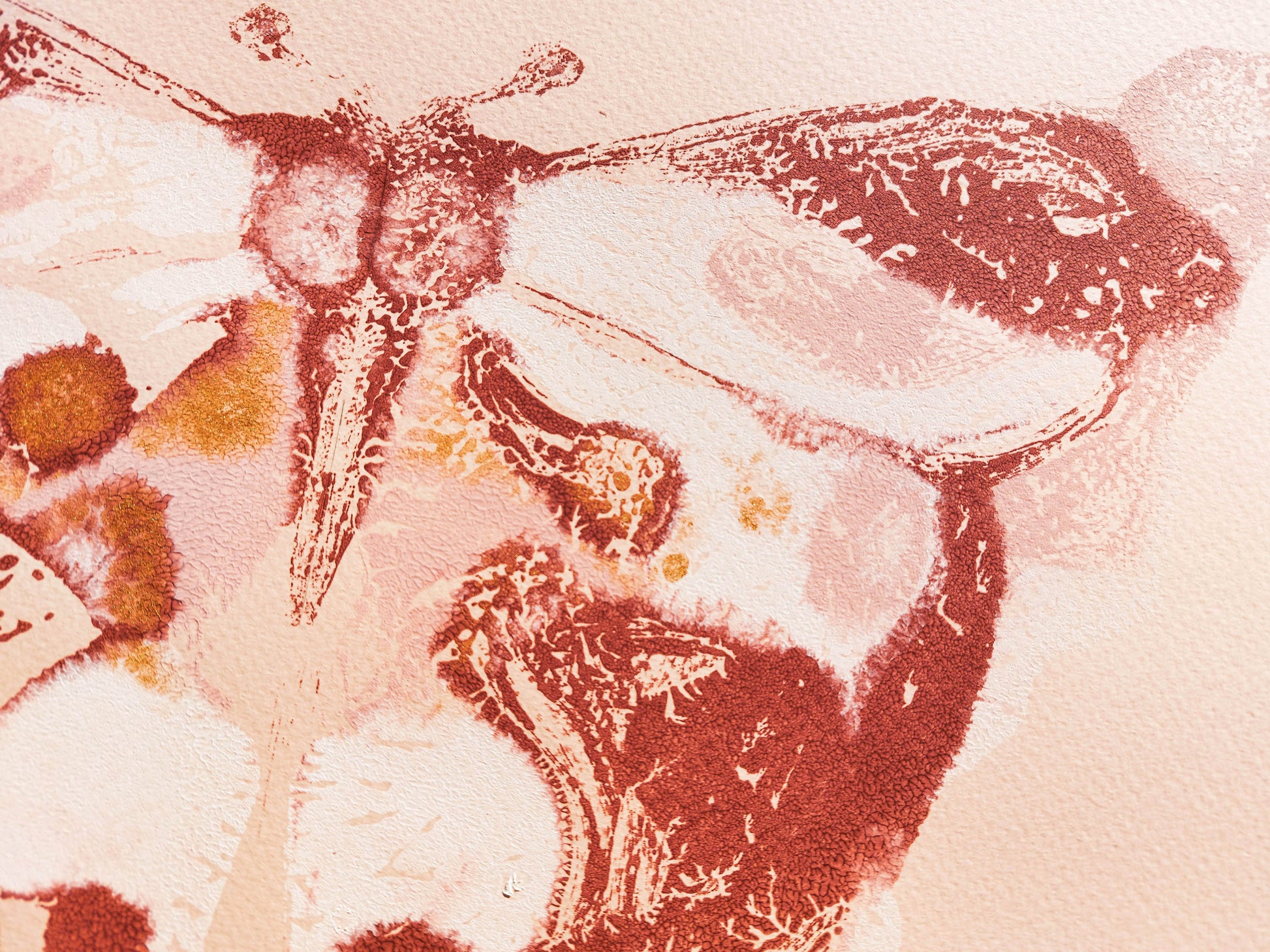 Details relief Pink and terracotta abstract butterfly Monotype print / printmaking