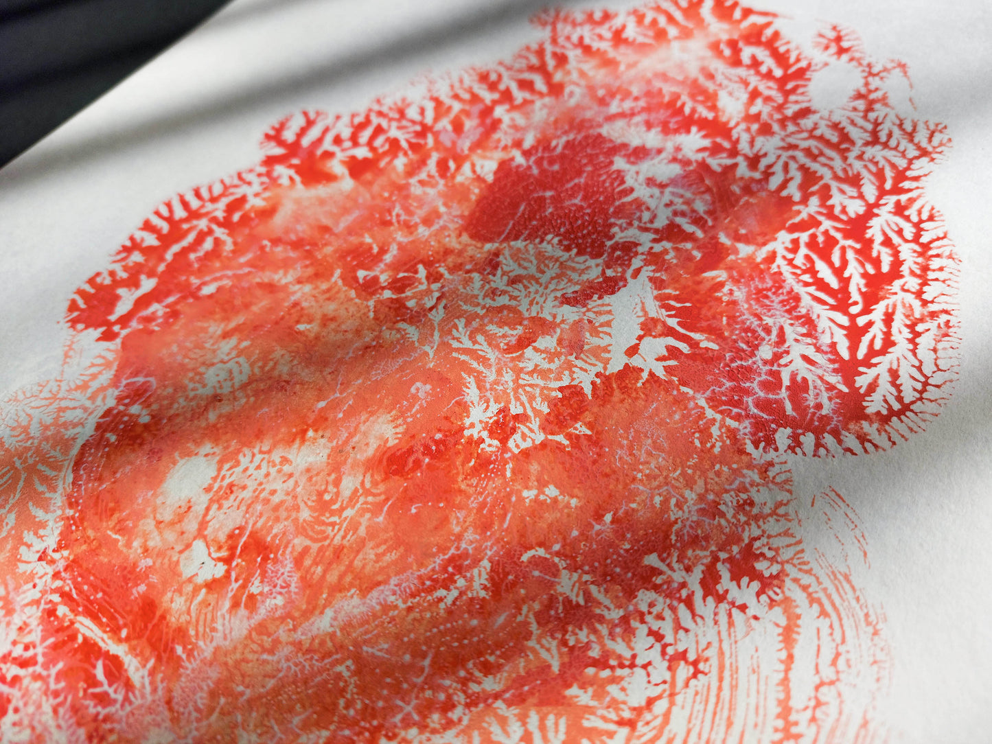Details Red sea fan coral abstract relief Monotype print №7 / printmaking