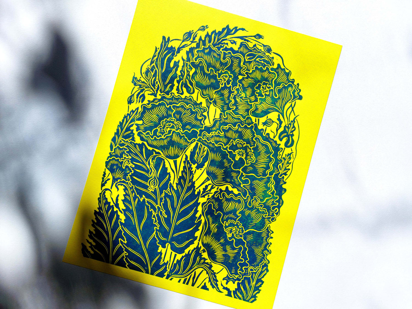 Pray for Ukraine Poppies flower Yellow and blue Linocut print for Nature lover gift UNFRAMED Housewarming gift Nature lover gift New home gift Kitchen wall decor Living room bedroom decor 12x16 Original artwork
