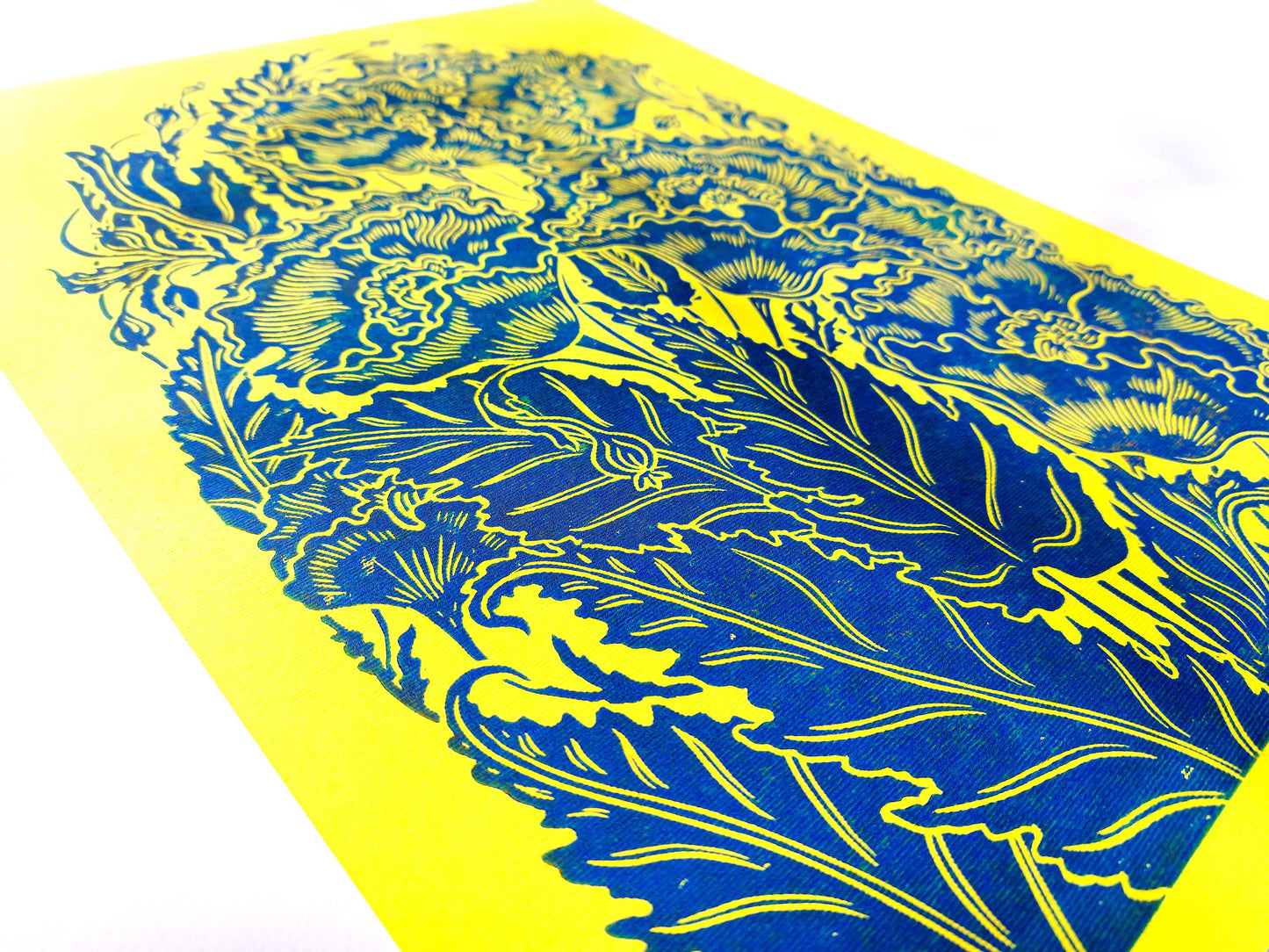 Yellow and blue relief Poppies flower Linocut print for 12x16 Original artwork / lino print / linogravure