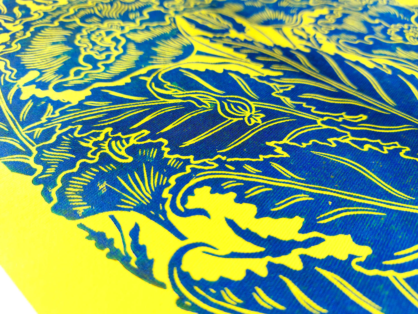 Yellow and blue relief Poppies flower Linocut print for 12x16 Original artwork / lino print / linogravure