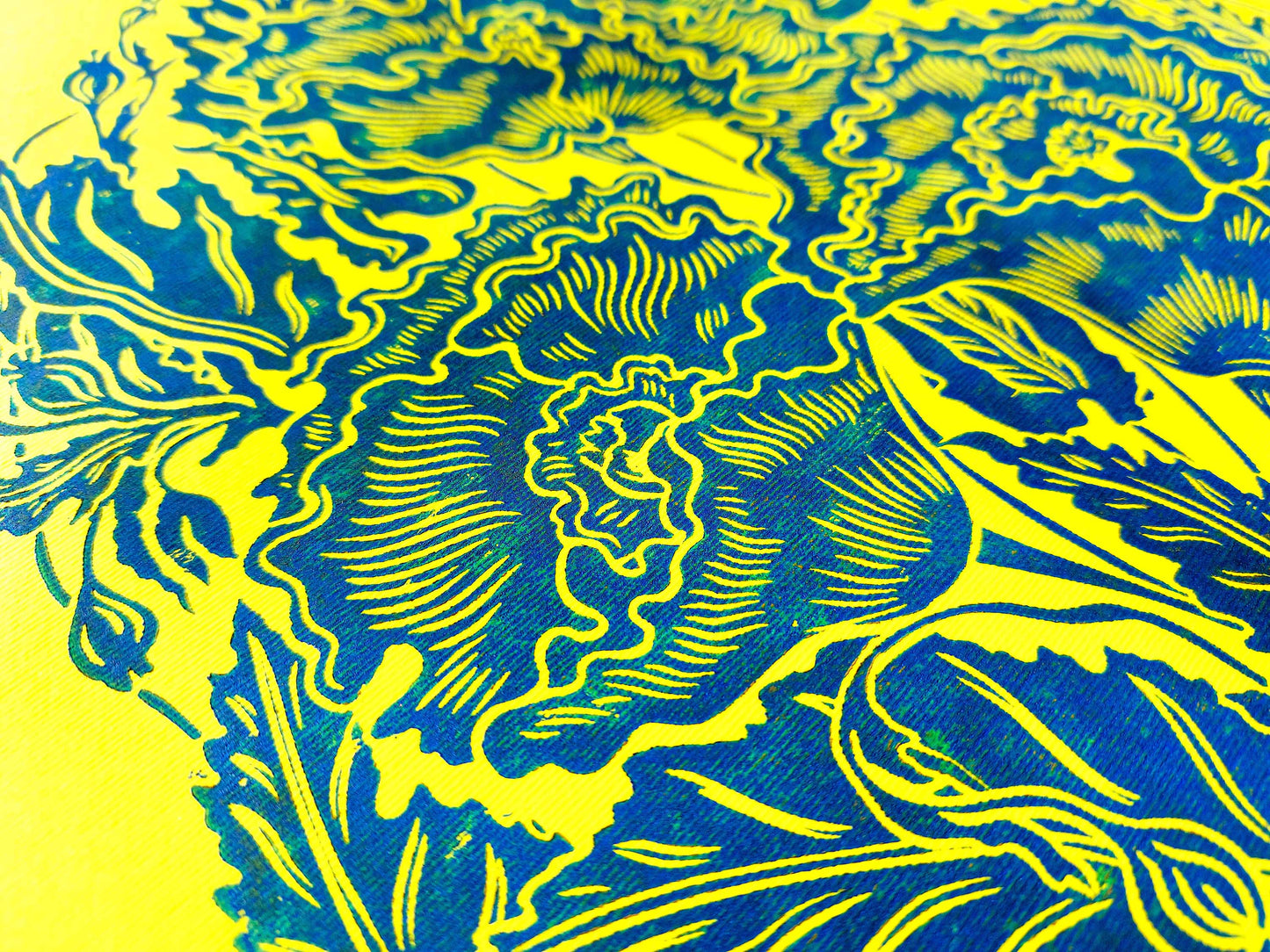 Yellow and blue relief Poppies flower Linocut print for 12x16 Original artwork / lino print / linogravure
