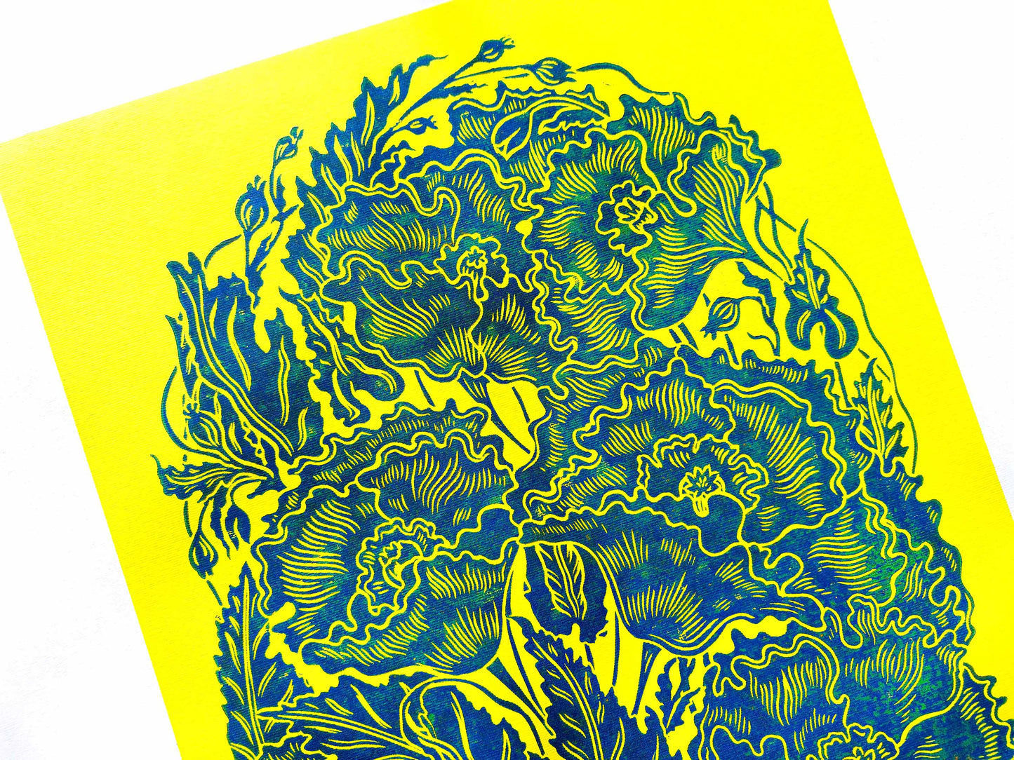 Yellow and blue relief Poppies flower Linocut print for 12x16 Original artwork / lino print / linogravure