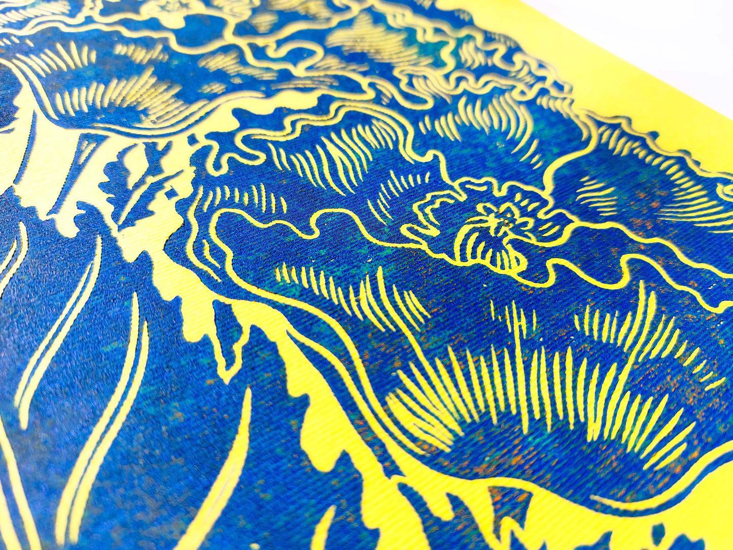 Yellow and blue relief Poppies flower Linocut print for 12x16 Original artwork / lino print / linogravure