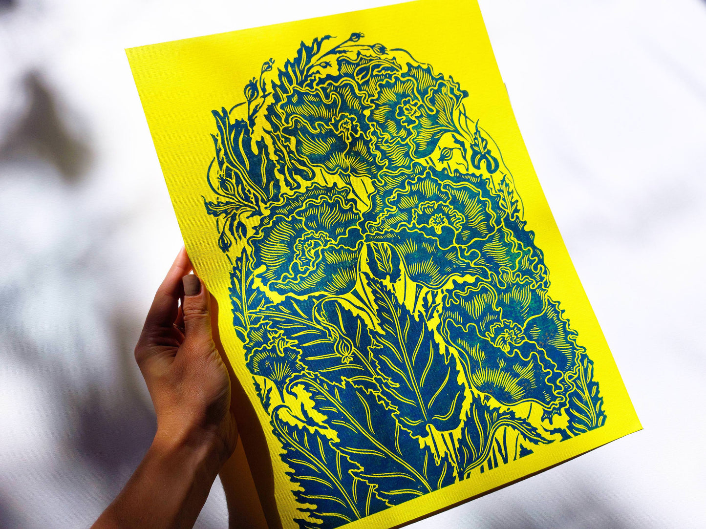 Pray for Ukraine Poppies flower Yellow and blue Linocut print for Nature lover gift UNFRAMED Housewarming gift Nature lover gift New home gift Kitchen wall decor Living room bedroom decor 12x16 Original artwork