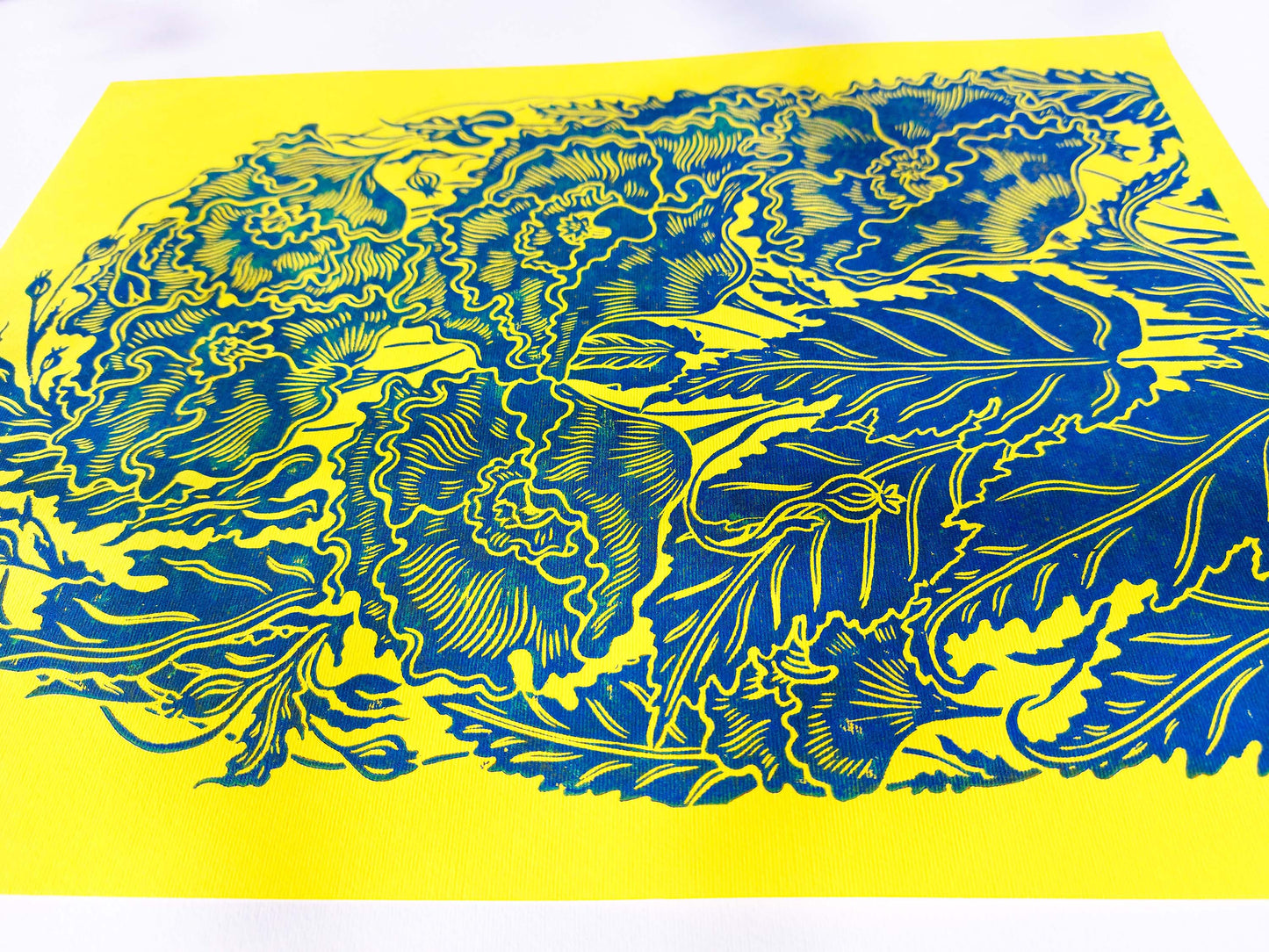 Yellow and blue relief Poppies flower Linocut print for 12x16 Original artwork / lino print / linogravure