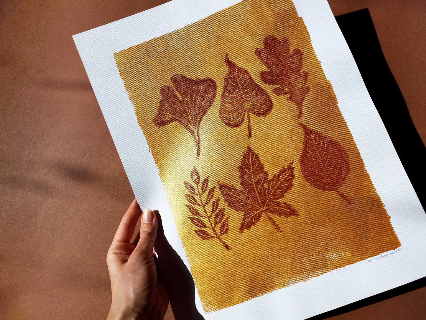 Gallery wall set of 2 Autumn wall art Leaves and brown wood slice linocut print Nature lover gift UNFRAMED, original artwork, relief print, printmaking art, lino print, linogravure, handmade wall art, new home gift, farmhouse decor, houswarming gift, living room wall art, dining room art, farm kitchen art, bedroom wall decor, autumn art, fall wall art, seasonal wall decor, aesthetic wall art