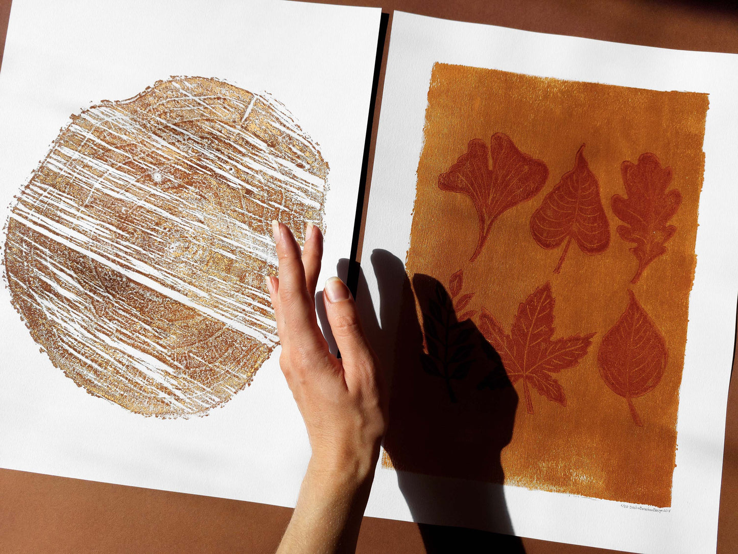 Gallery wall set of 2 Autumn wall art Leaves and brown wood slice linocut print Nature lover gift UNFRAMED, original artwork, relief print, printmaking art, lino print, linogravure, handmade wall art, new home gift, farmhouse decor, houswarming gift, living room wall art, dining room art, farm kitchen art, bedroom wall decor, autumn art, fall wall art, seasonal wall decor, aesthetic wall art