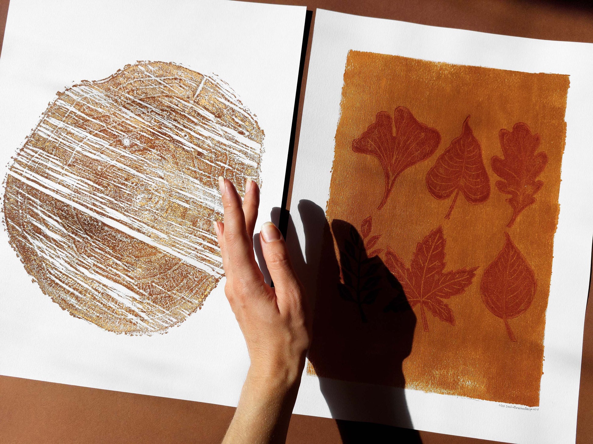 Gallery wall set of 2 Autumn wall art Leaves and brown wood slice linocut print Nature lover gift UNFRAMED, original artwork, relief print, printmaking art, lino print, linogravure, handmade wall art, new home gift, farmhouse decor, houswarming gift, living room wall art, dining room art, farm kitchen art, bedroom wall decor, autumn art, fall wall art, seasonal wall decor, aesthetic wall art