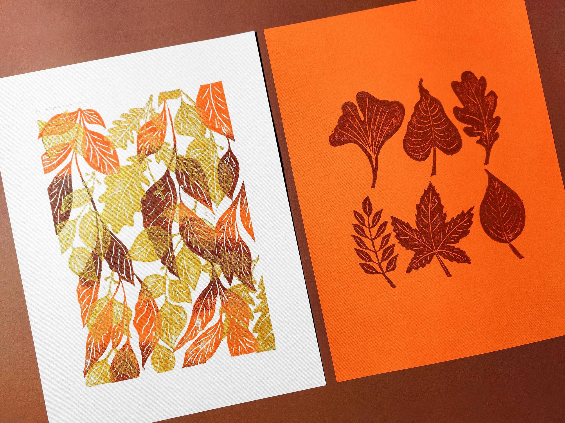 Gallery wall set of 2 Brown gold orange leaves Botanical linocut print Nature lover gift UNFRAMED / original artwork, relief print, printmaking art, lino print, linogravure, handmade wall art, new home gift, farmhouse decor, houswarming gift, living room wall art, dining room art, farm kitchen art, bedroom wall decor, autumn art, fall wall art, seasonal wall decor, aesthetic wall art