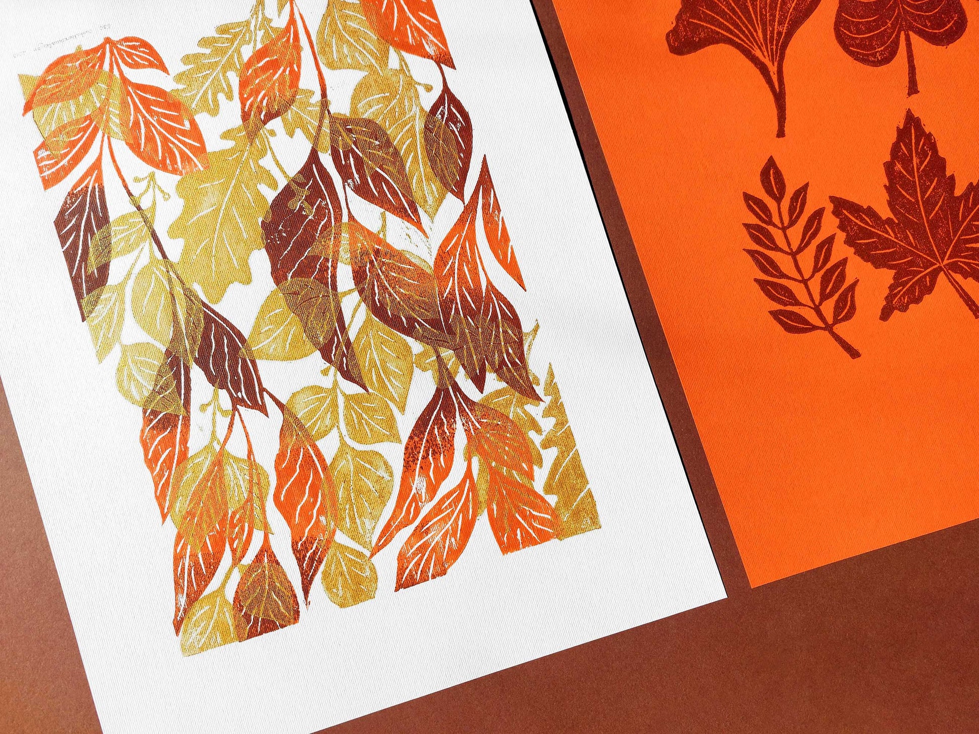 Gallery wall set of 2 Brown gold orange leaves Botanical linocut print Nature lover gift UNFRAMED / original artwork, relief print, printmaking art, lino print, linogravure, handmade wall art, new home gift, farmhouse decor, houswarming gift, living room wall art, dining room art, farm kitchen art, bedroom wall decor, autumn art, fall wall art, seasonal wall decor, aesthetic wall art