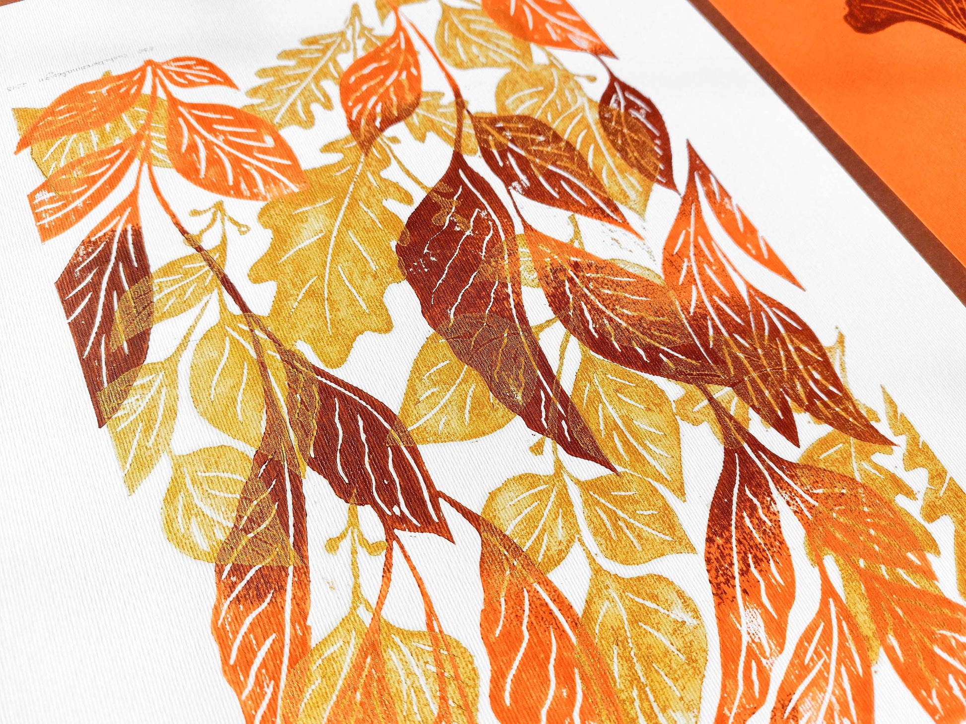 Gallery wall set of 2 Brown gold orange leaves Botanical linocut print Nature lover gift UNFRAMED / original artwork, relief print, printmaking art, lino print, linogravure, handmade wall art, new home gift, farmhouse decor, houswarming gift, living room wall art, dining room art, farm kitchen art, bedroom wall decor, autumn art, fall wall art, seasonal wall decor, aesthetic wall art