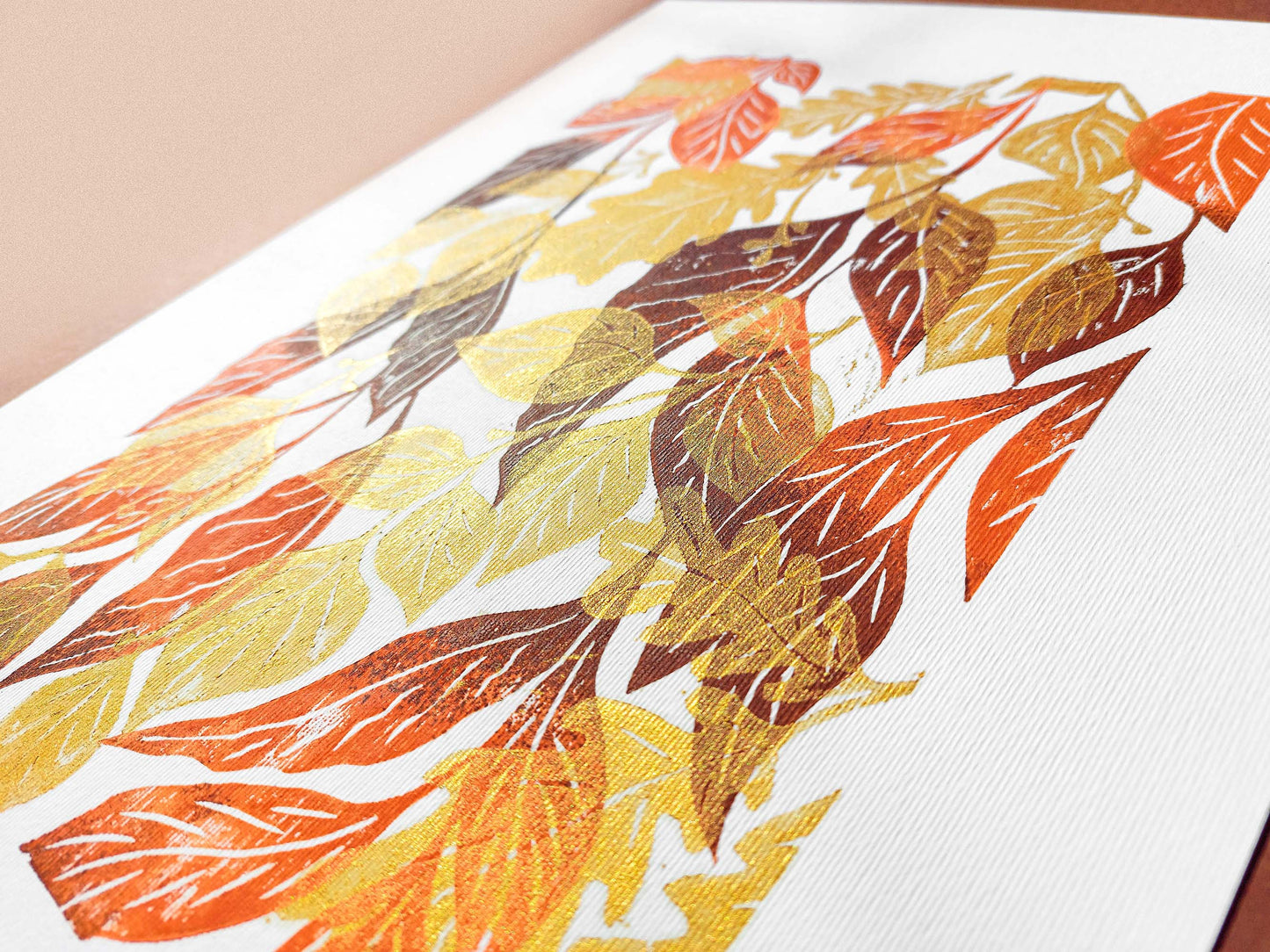 Gallery wall set of 2 Brown gold orange leaves Botanical linocut print Nature lover gift UNFRAMED / original artwork, relief print, printmaking art, lino print, linogravure, handmade wall art, new home gift, farmhouse decor, houswarming gift, living room wall art, dining room art, farm kitchen art, bedroom wall decor, autumn art, fall wall art, seasonal wall decor, aesthetic wall art
