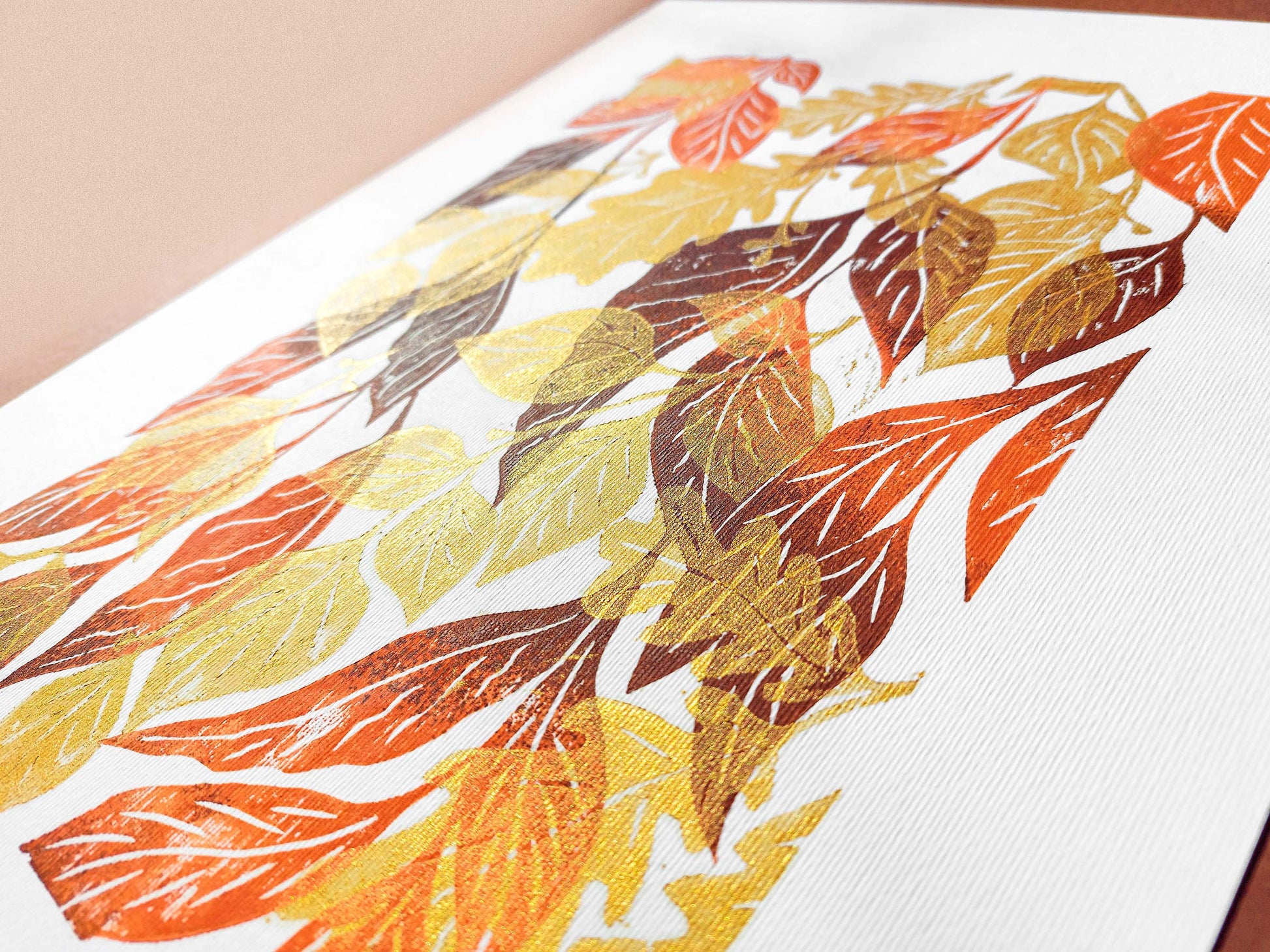 Gallery wall set of 2 Brown gold orange leaves Botanical linocut print Nature lover gift UNFRAMED / original artwork, relief print, printmaking art, lino print, linogravure, handmade wall art, new home gift, farmhouse decor, houswarming gift, living room wall art, dining room art, farm kitchen art, bedroom wall decor, autumn art, fall wall art, seasonal wall decor, aesthetic wall art