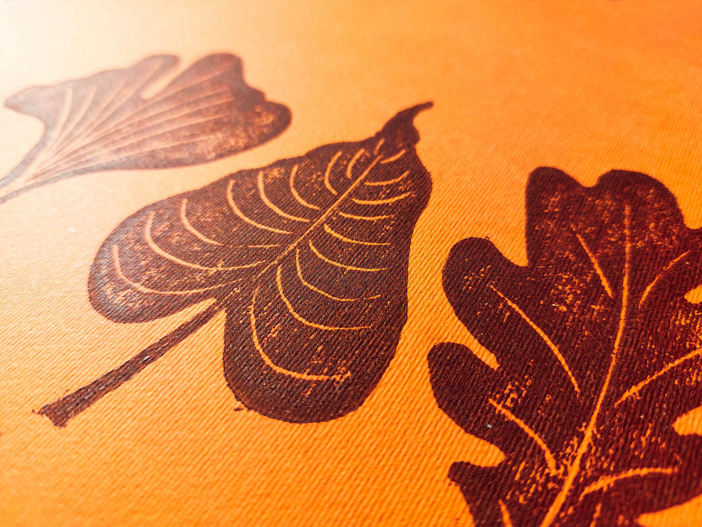 Gallery wall set of 2 Brown gold orange leaves Botanical linocut print Nature lover gift UNFRAMED / original artwork, relief print, printmaking art, lino print, linogravure, handmade wall art, new home gift, farmhouse decor, houswarming gift, living room wall art, dining room art, farm kitchen art, bedroom wall decor, autumn art, fall wall art, seasonal wall decor, aesthetic wall art