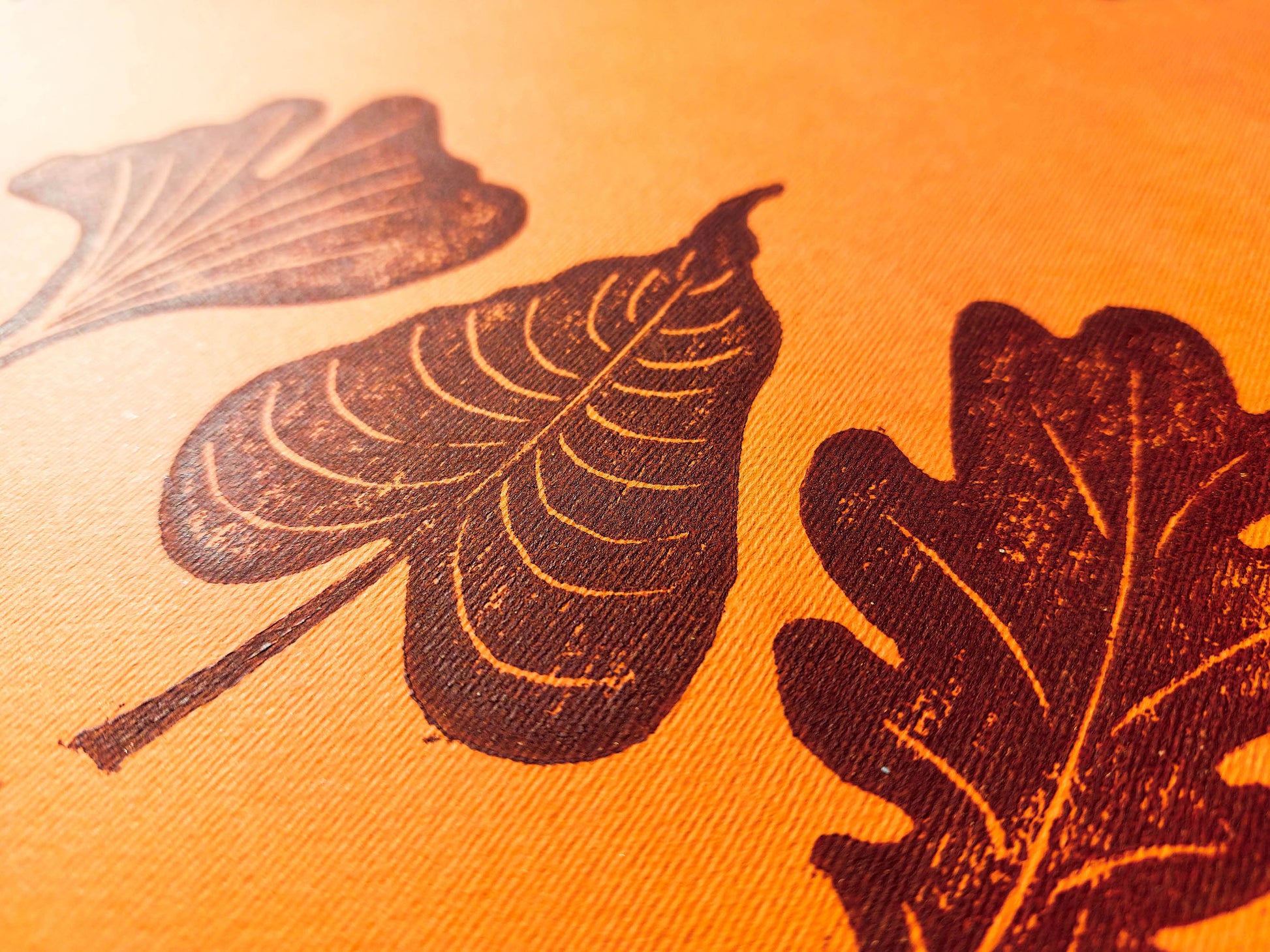 Gallery wall set of 2 Brown gold orange leaves Botanical linocut print Nature lover gift UNFRAMED / original artwork, relief print, printmaking art, lino print, linogravure, handmade wall art, new home gift, farmhouse decor, houswarming gift, living room wall art, dining room art, farm kitchen art, bedroom wall decor, autumn art, fall wall art, seasonal wall decor, aesthetic wall art