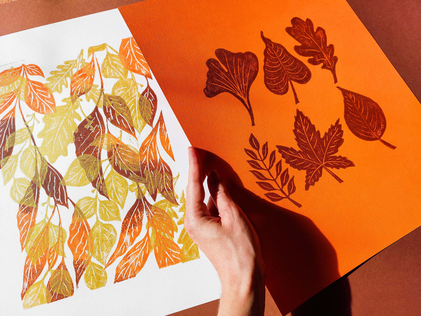 Gallery wall set of 2 Brown gold orange leaves Botanical linocut print Nature lover gift UNFRAMED / original artwork, relief print, printmaking art, lino print, linogravure, handmade wall art, new home gift, farmhouse decor, houswarming gift, living room wall art, dining room art, farm kitchen art, bedroom wall decor, autumn art, fall wall art, seasonal wall decor, aesthetic wall art
