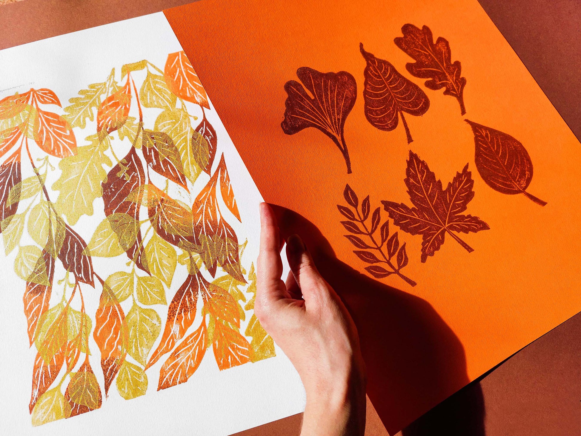 Gallery wall set of 2 Brown gold orange leaves Botanical linocut print Nature lover gift UNFRAMED / original artwork, relief print, printmaking art, lino print, linogravure, handmade wall art, new home gift, farmhouse decor, houswarming gift, living room wall art, dining room art, farm kitchen art, bedroom wall decor, autumn art, fall wall art, seasonal wall decor, aesthetic wall art