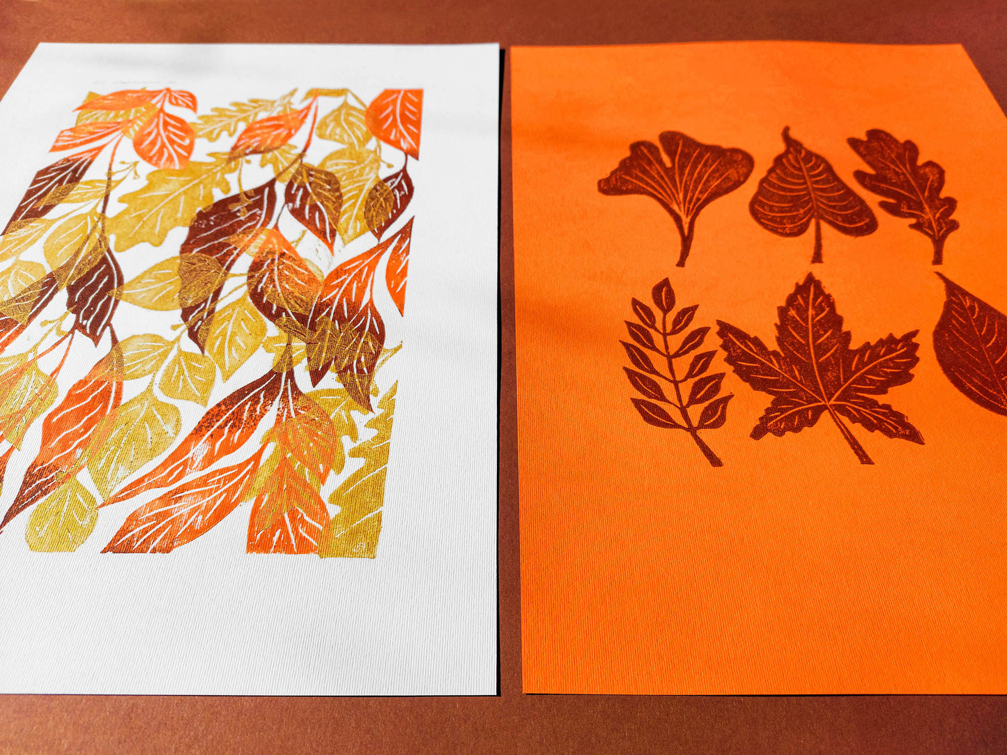 Gallery wall set of 2 Brown gold orange leaves Botanical linocut print Nature lover gift UNFRAMED / original artwork, relief print, printmaking art, lino print, linogravure, handmade wall art, new home gift, farmhouse decor, houswarming gift, living room wall art, dining room art, farm kitchen art, bedroom wall decor, autumn art, fall wall art, seasonal wall decor, aesthetic wall art