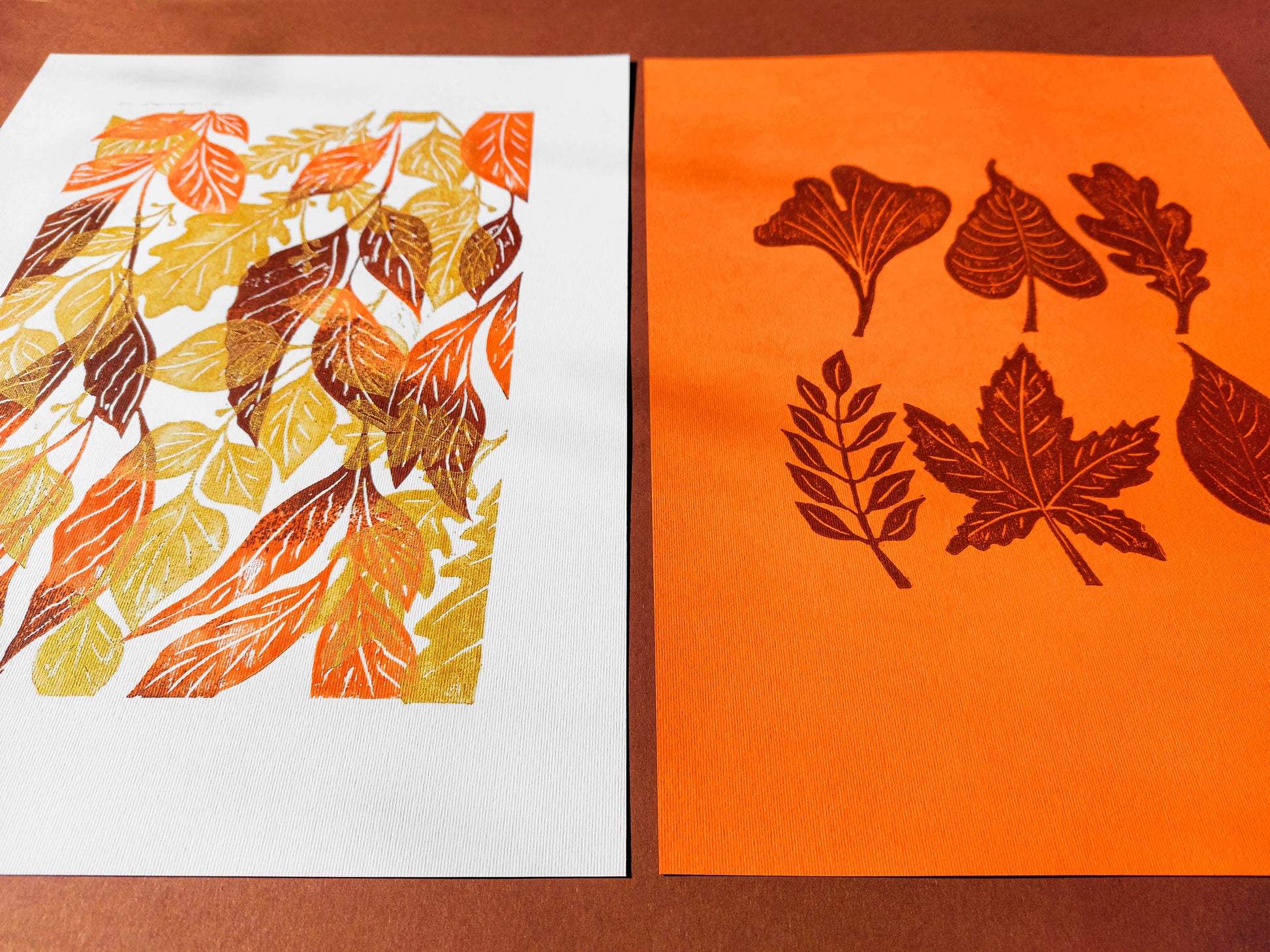 Gallery wall set of 2 Brown gold orange leaves Botanical linocut print Nature lover gift UNFRAMED / original artwork, relief print, printmaking art, lino print, linogravure, handmade wall art, new home gift, farmhouse decor, houswarming gift, living room wall art, dining room art, farm kitchen art, bedroom wall decor, autumn art, fall wall art, seasonal wall decor, aesthetic wall art