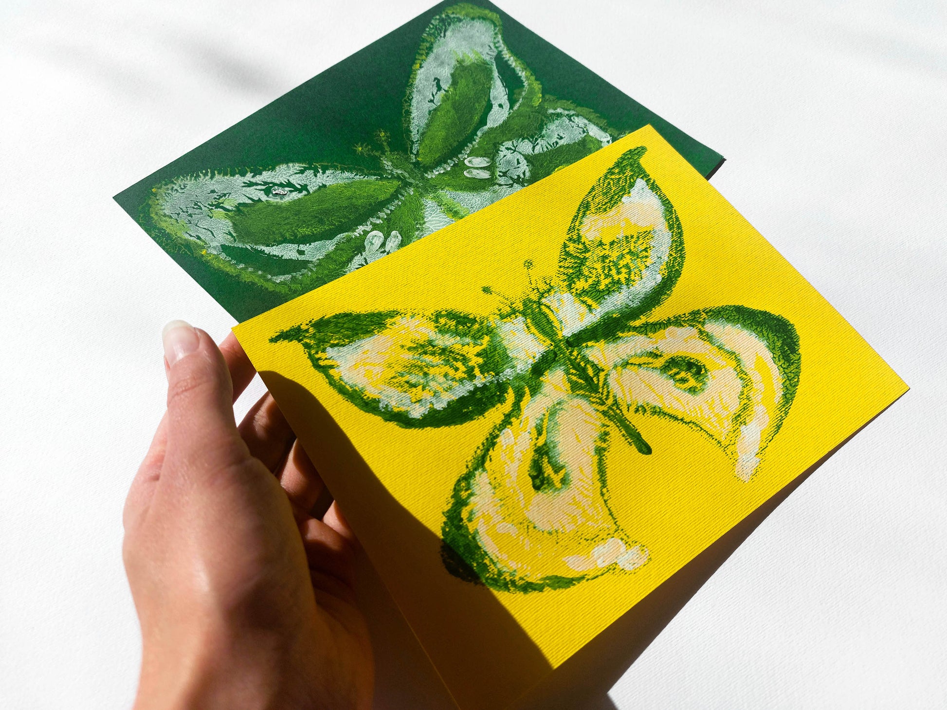 №10 - Set of 2 Yellow and green abstract butterfly Monotype print for Nature lover gift UNFRAMED for living room, or bedroom original artwork