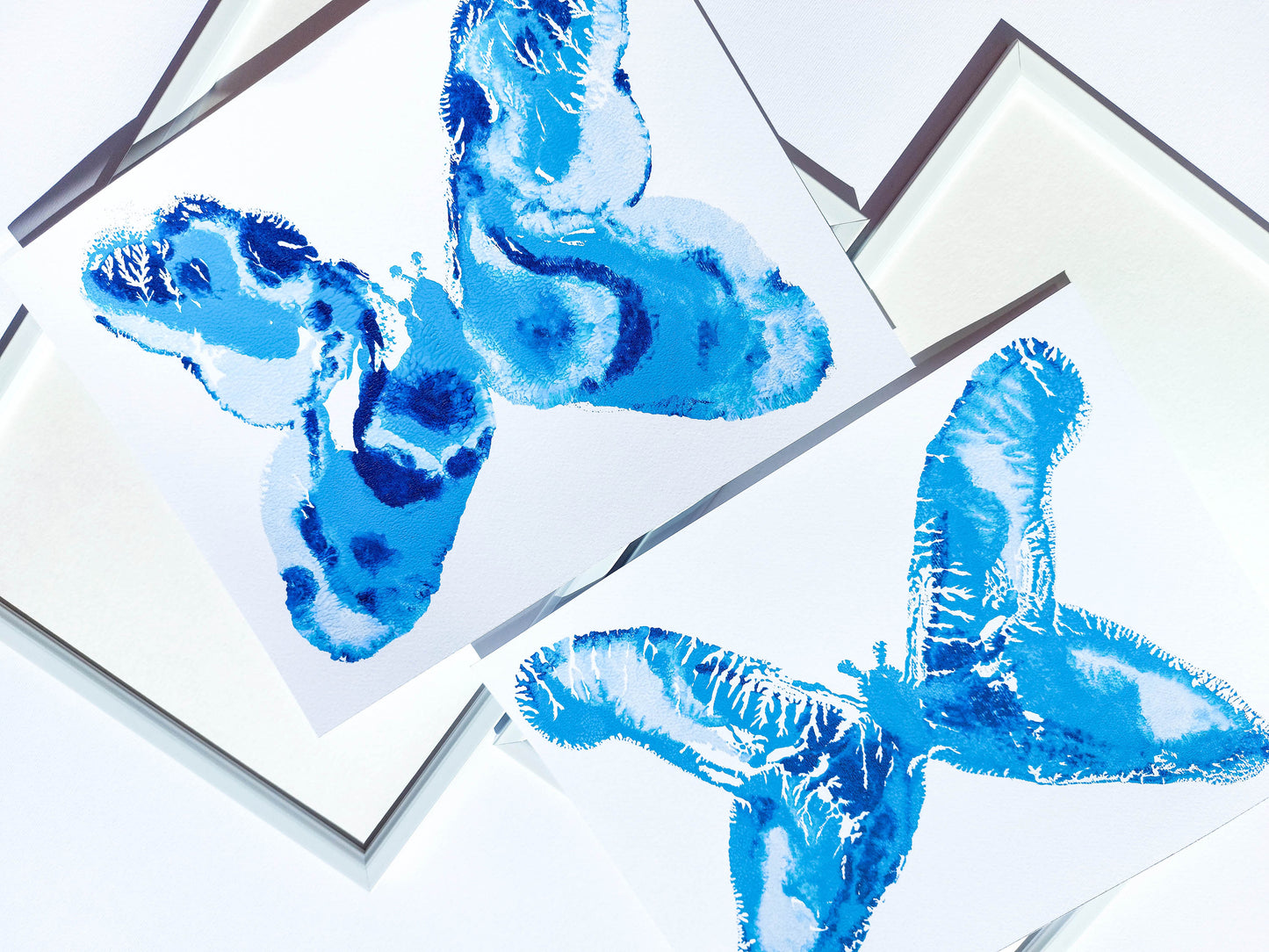 Gallery wall Set of 2 Blue monotype prints Abstract butterflies Original artwork Holiday winter wall art for New home gift, Relief print, Simple artwork, New home gift, Printmaking art, Festive handmade block print, winter art decoration