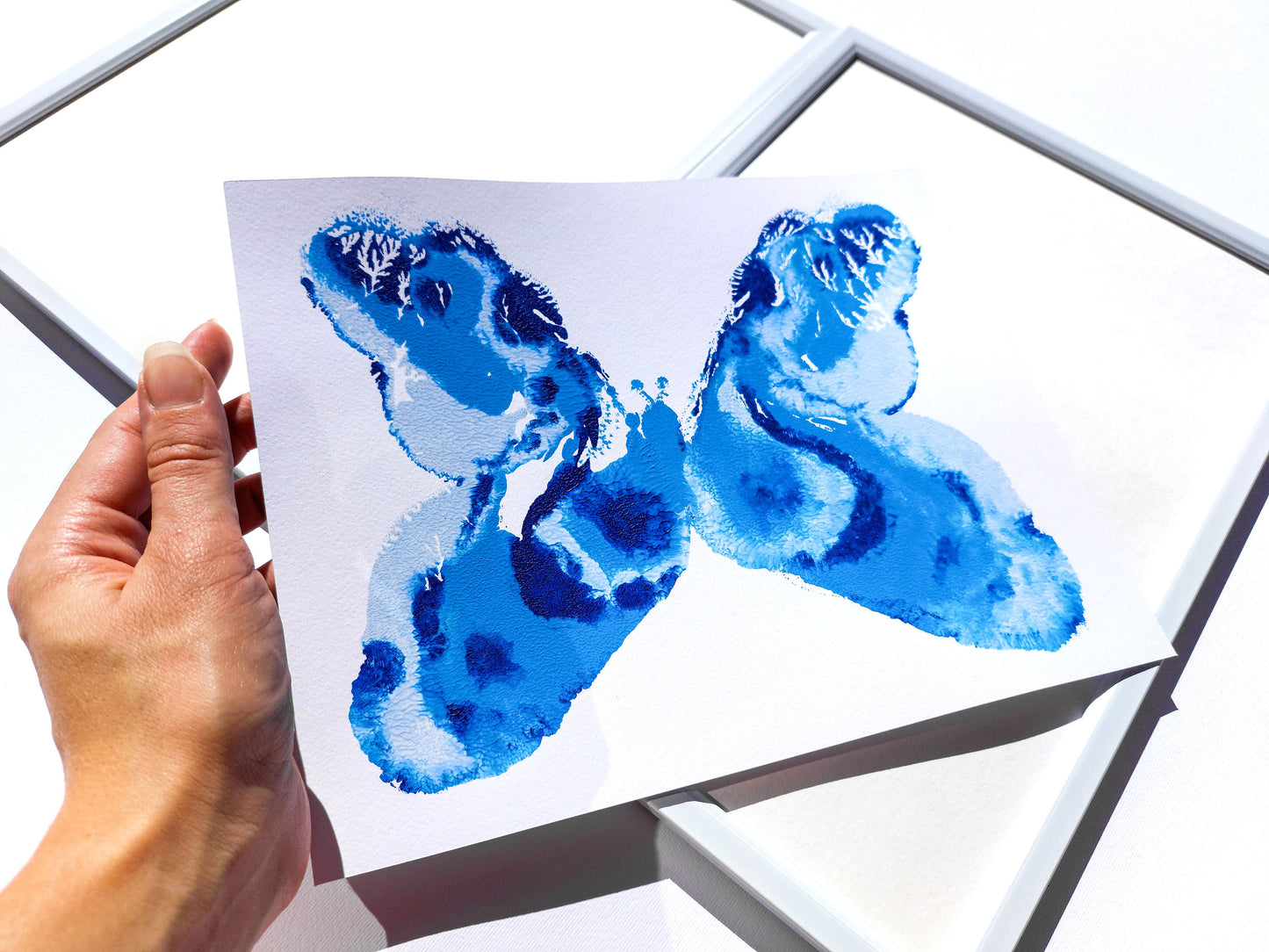 Gallery wall Set of 2 Blue monotype prints Abstract butterflies Original artwork Holiday winter wall art for New home gift, Relief print, Simple artwork, New home gift, Printmaking art, Festive handmade block print, winter art decoration